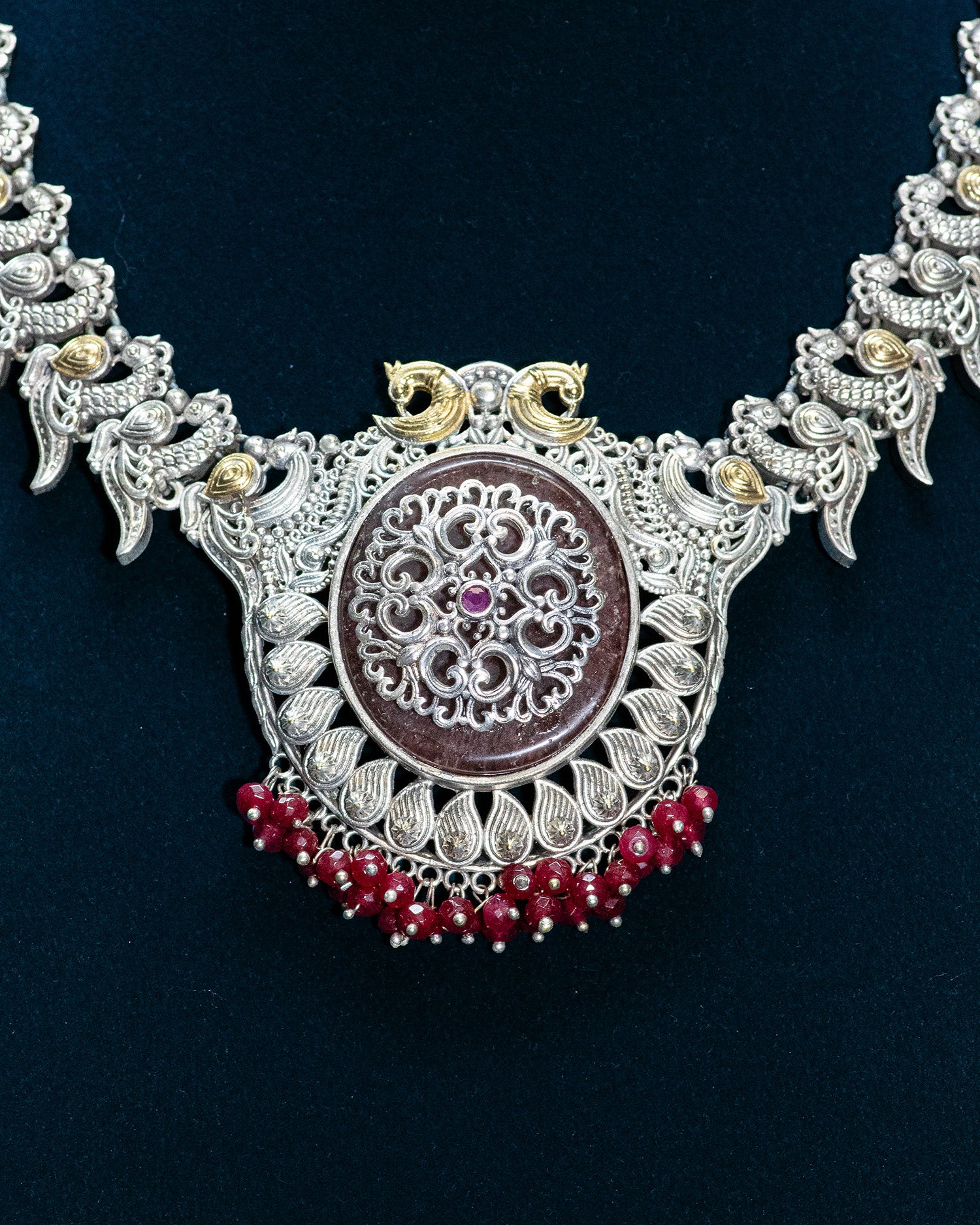 Brown Stone Pink Beads Peacock String Silver Look Alike Necklace Set