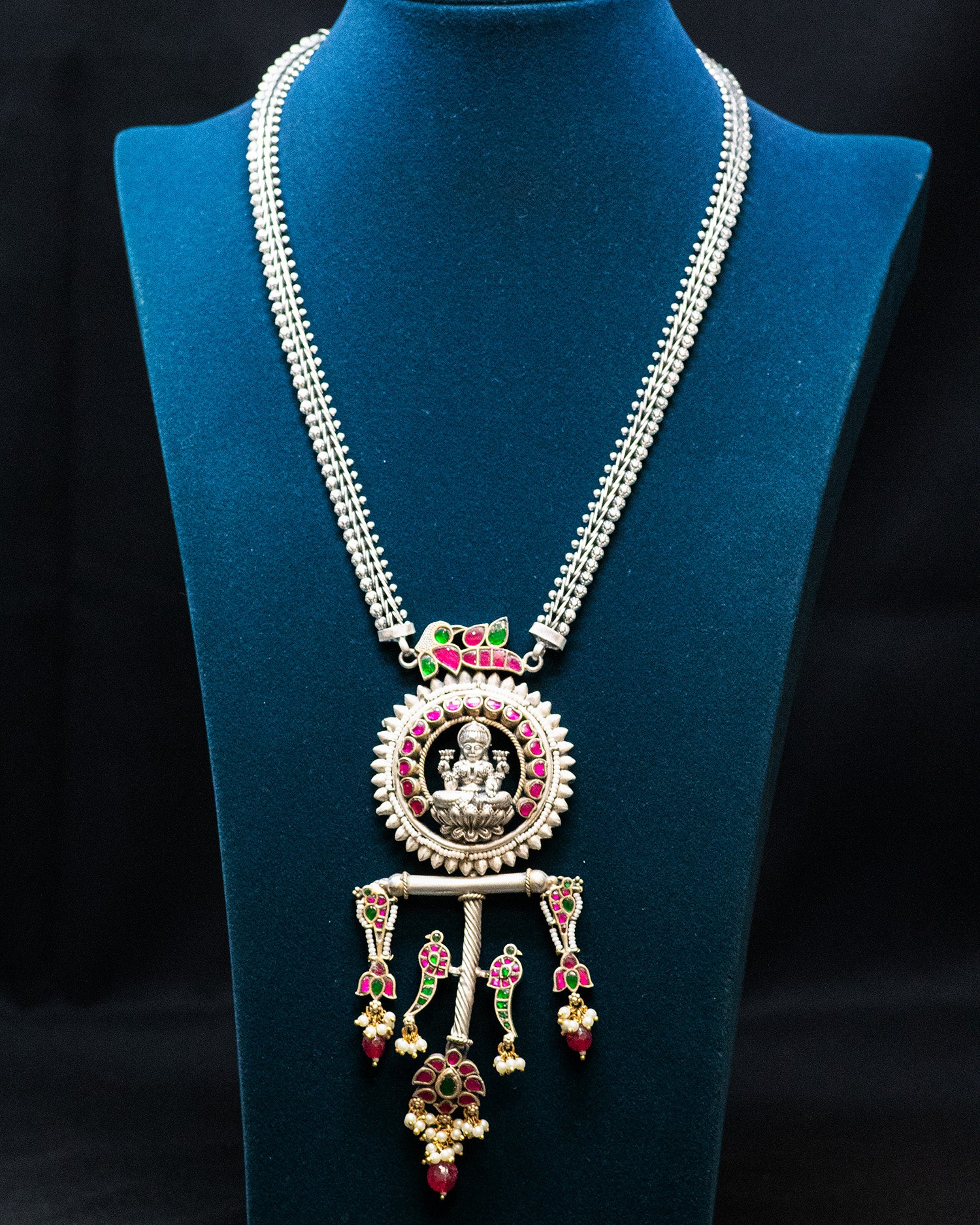 Beads Chain White Stone Laxmi Silver Look Alike Pendant Set