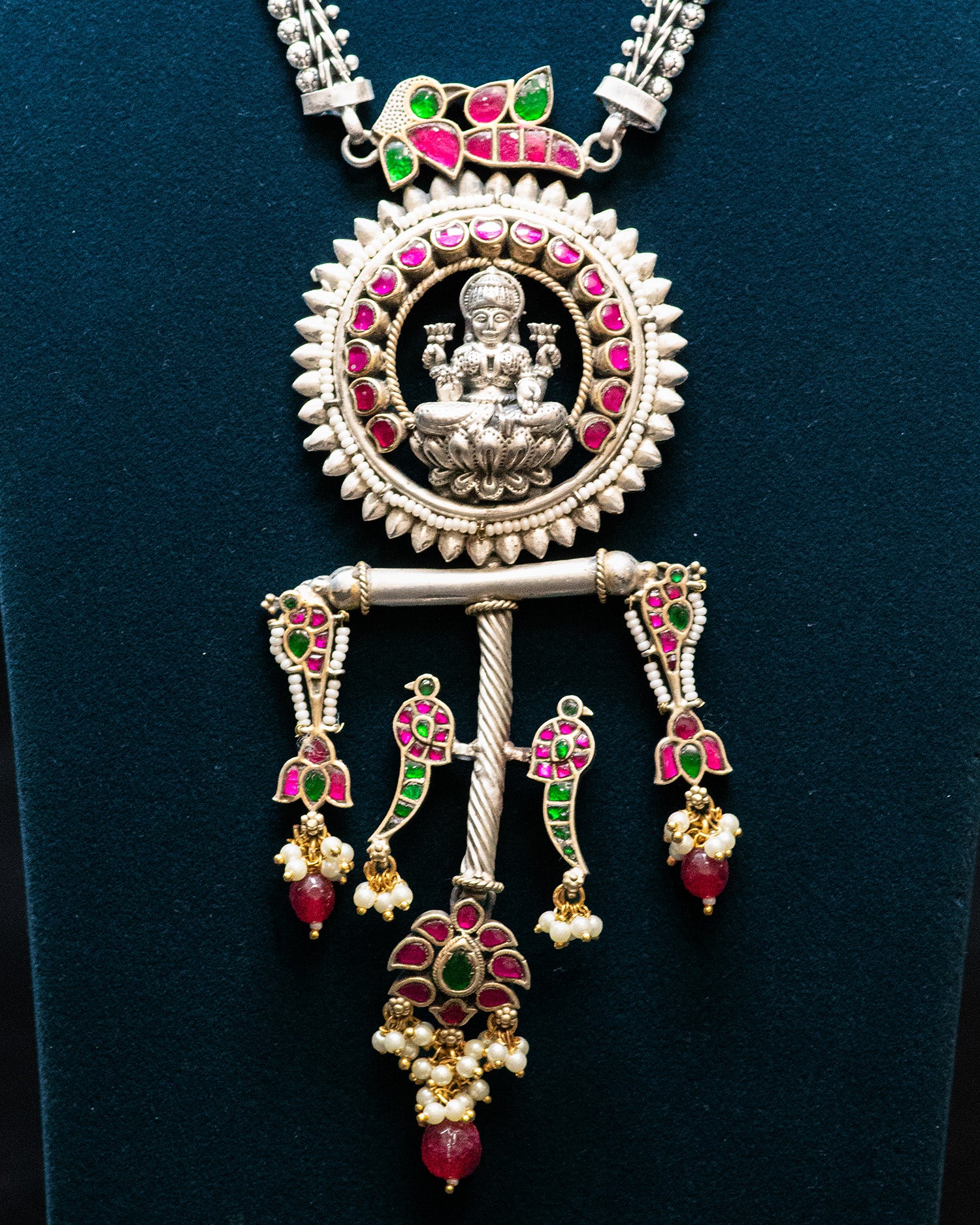 Beads Chain White Stone Laxmi Silver Look Alike Pendant Set