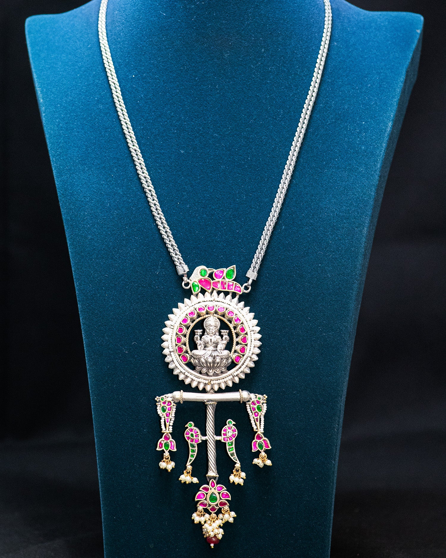 Layer Chain White Stone Laxmi Silver Look Alike Pendant Set