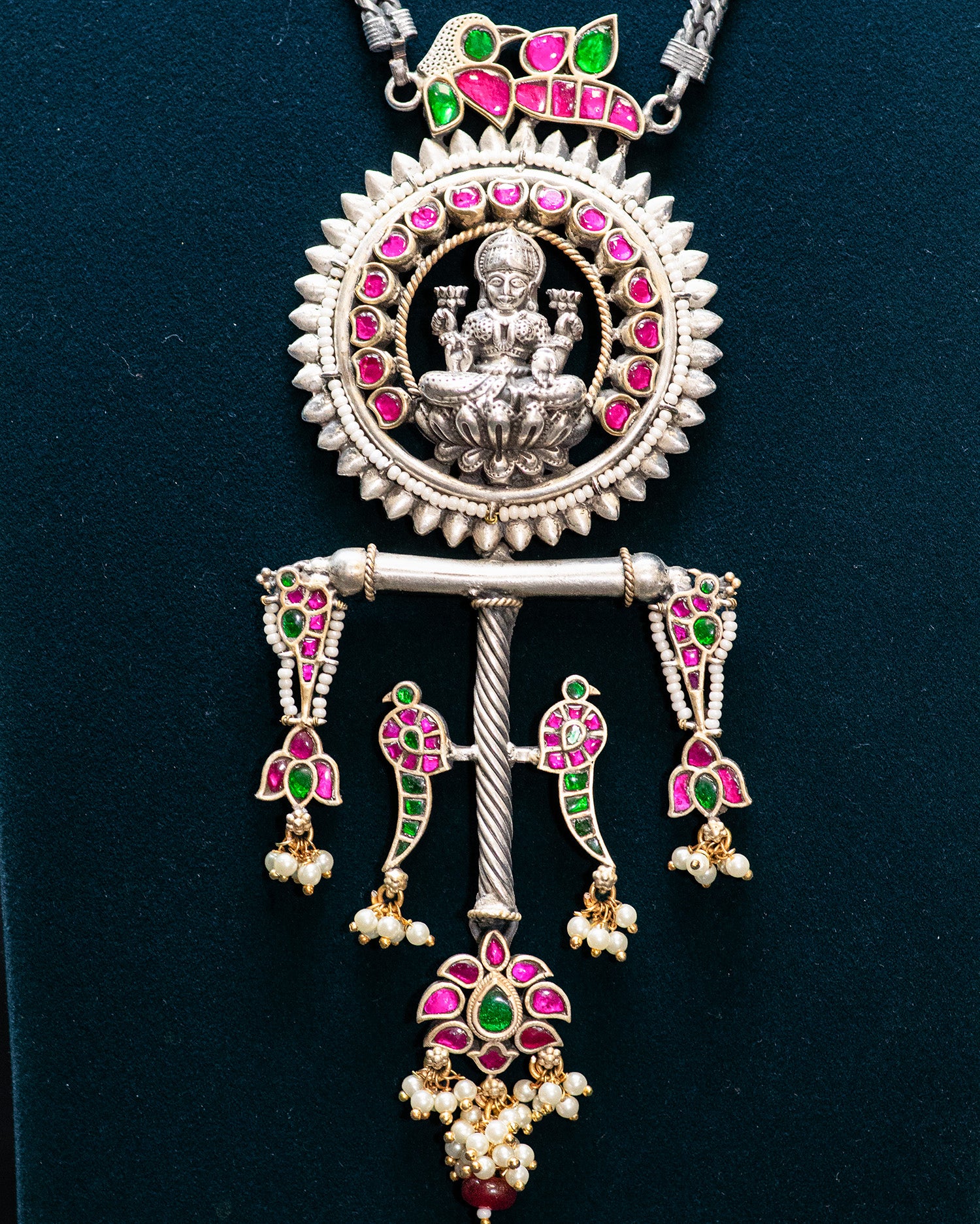 Layer Chain White Stone Laxmi Silver Look Alike Pendant Set