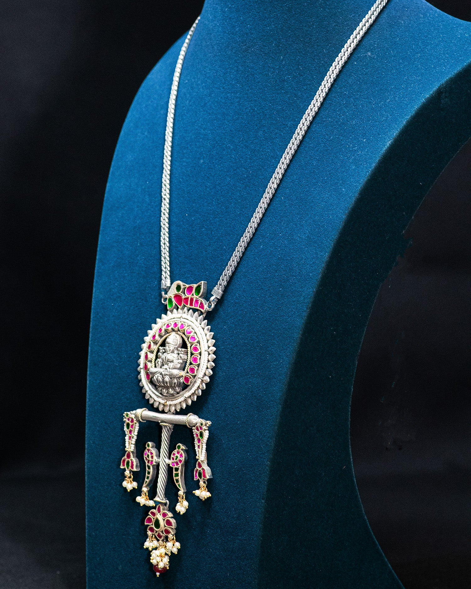 Layer Chain White Stone Laxmi Silver Look Alike Pendant Set