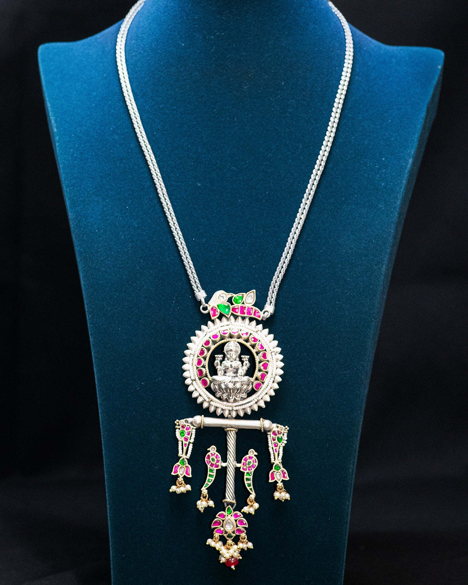 Layer Chain Green Stone Laxmi Silver Look Alike Pendant Set