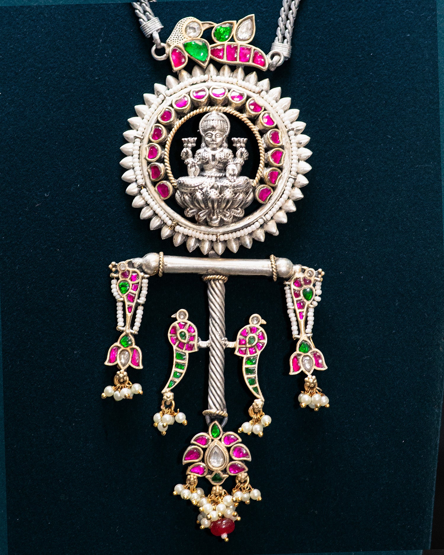 Layer Chain Green Stone Laxmi Silver Look Alike Pendant Set