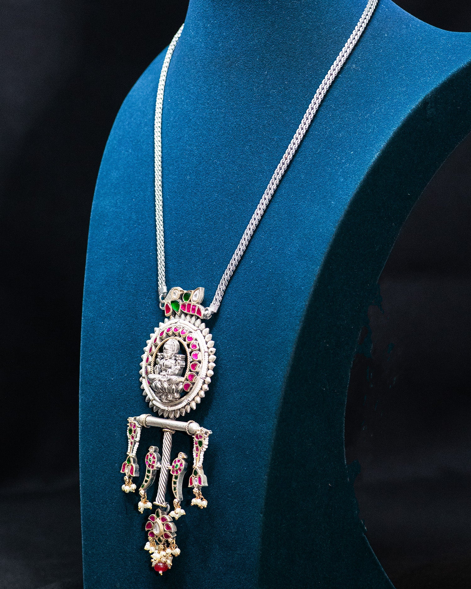 Layer Chain Green Stone Laxmi Silver Look Alike Pendant Set