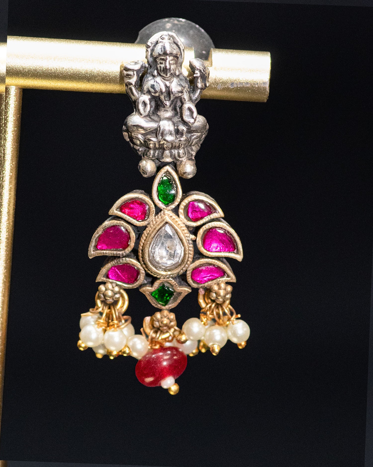 Layer Chain Green Stone Laxmi Silver Look Alike Pendant Set