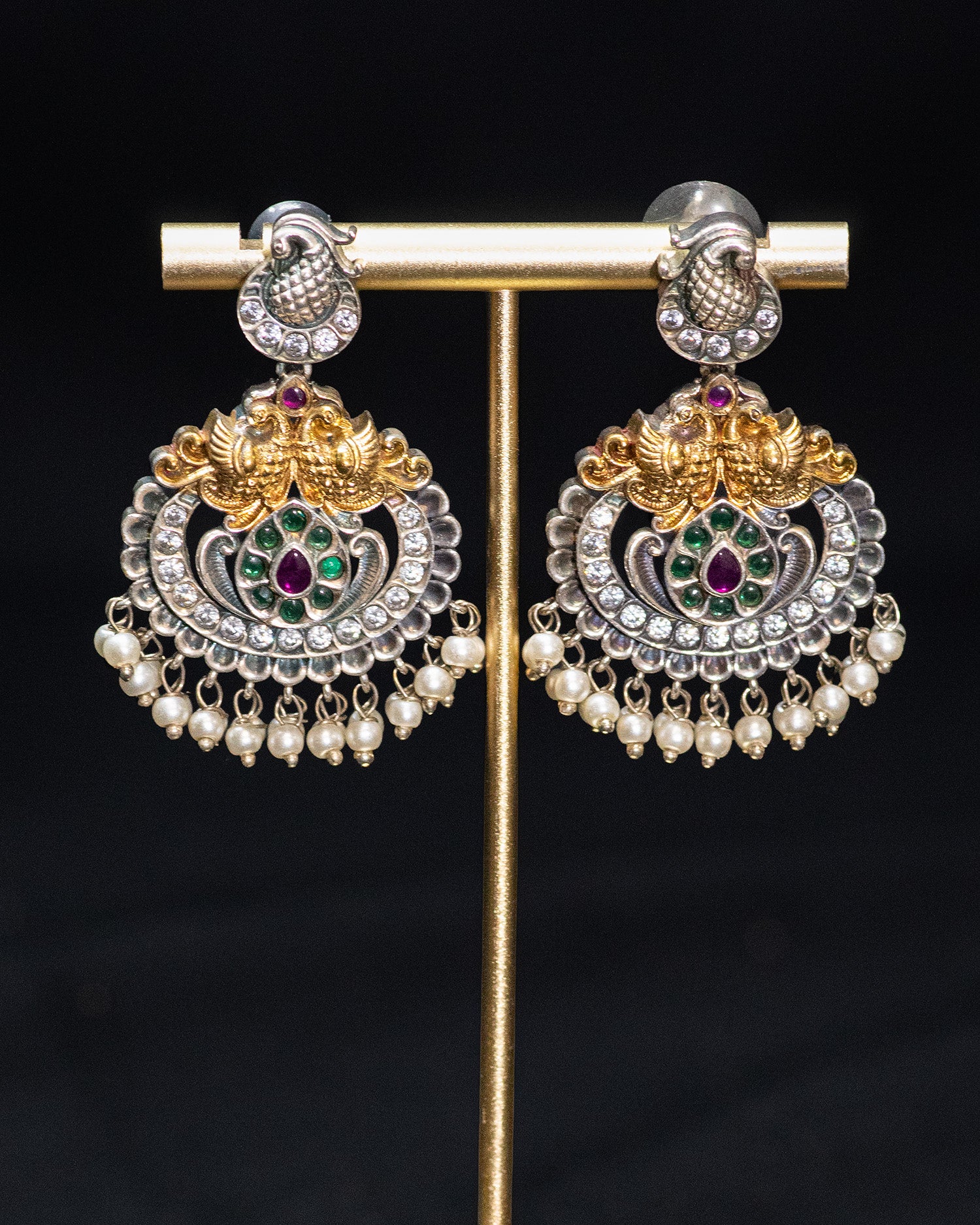Peacock Carved white Stone White Layer Stone Silver Look Alike Pendant Set