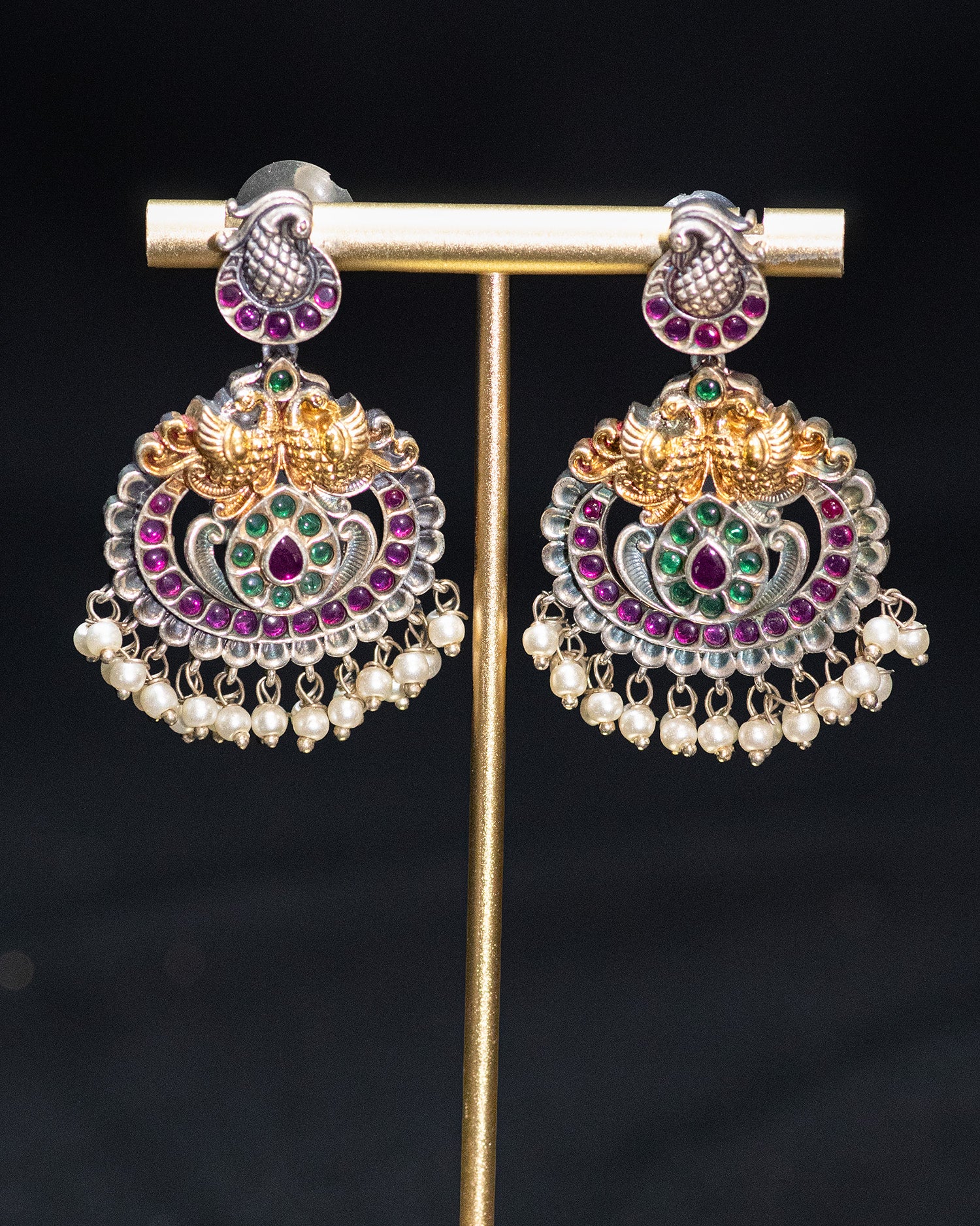 Peacock Carved Pink Stone Pink Layer Stone Silver Look Alike Pendant Set
