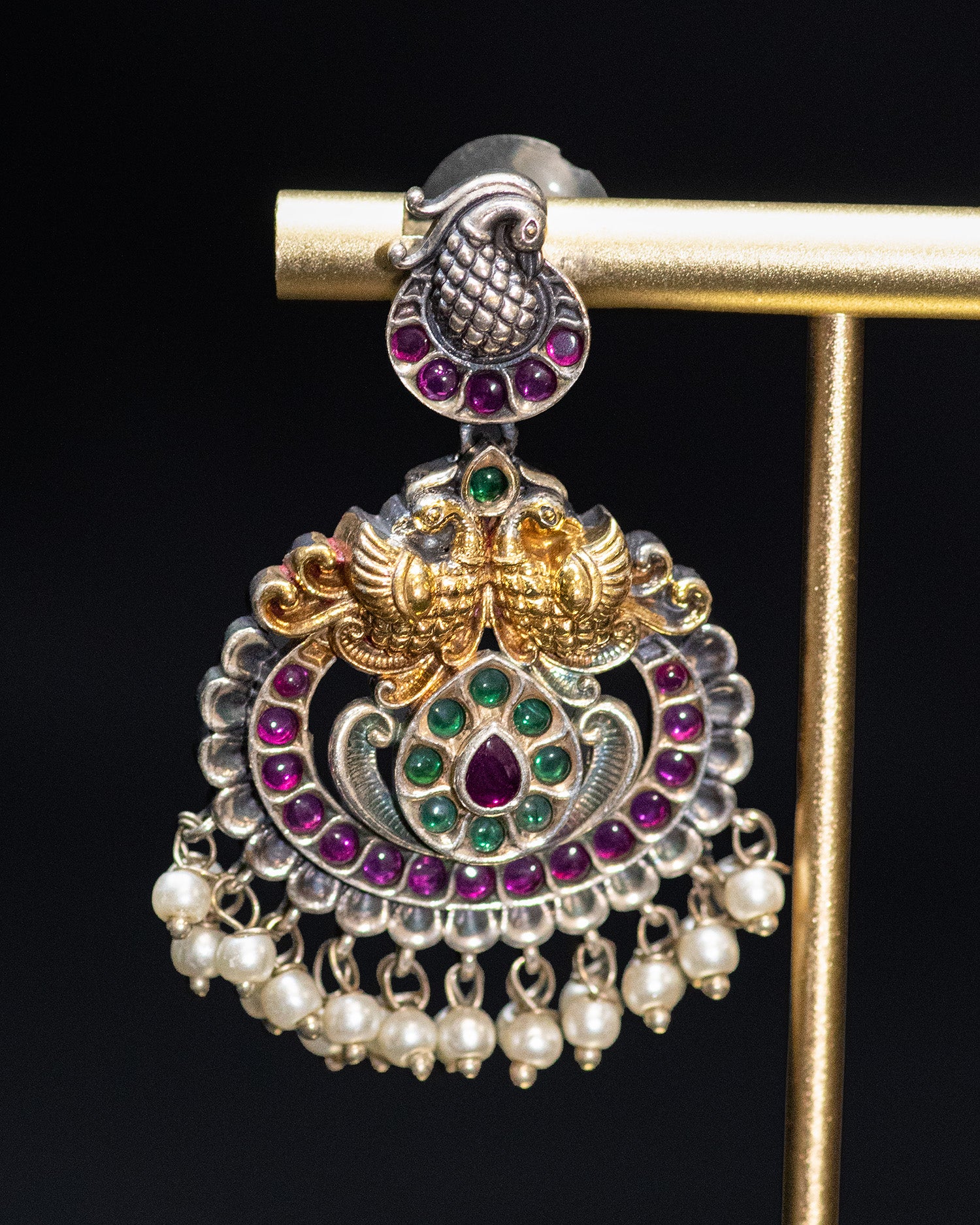 Peacock Carved Pink Stone Pink Layer Stone Silver Look Alike Pendant Set