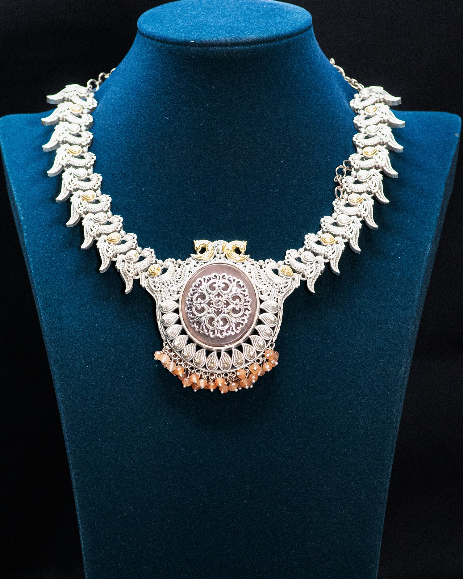 Dualtone Peacock with Peacock Chain Silver Look Alike Pendant Set