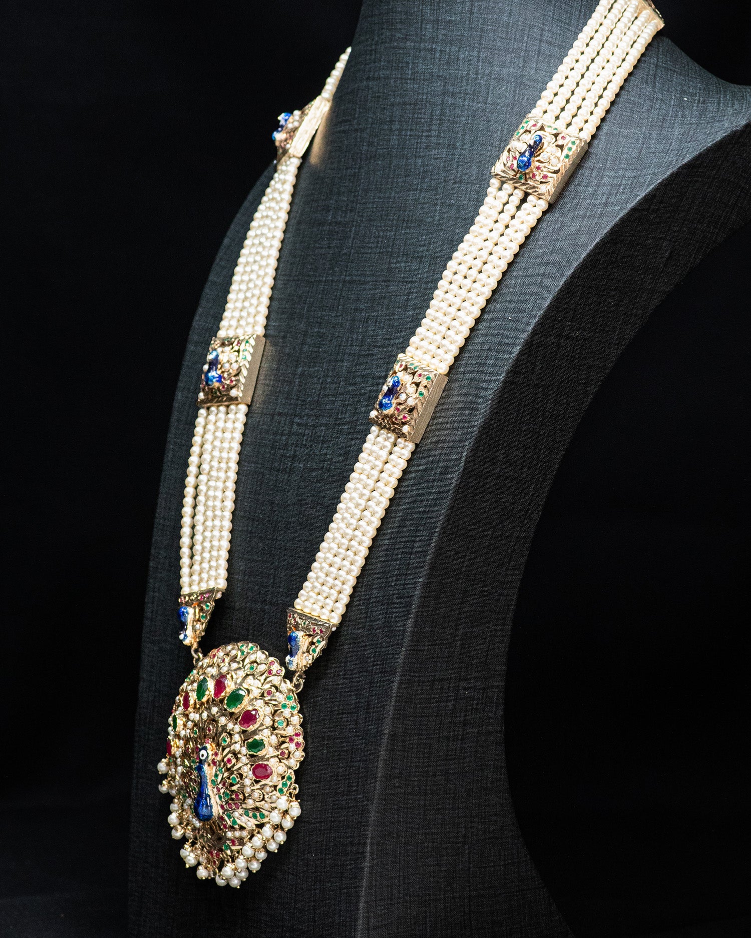 Blue Peacock Design Multi Layered Beads Punjabi Jadau Necklace set