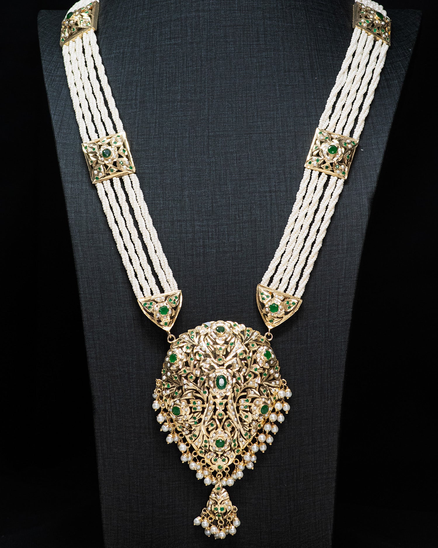 Green Multi Layer White Pearls Punjabi Jadau Necklace Set