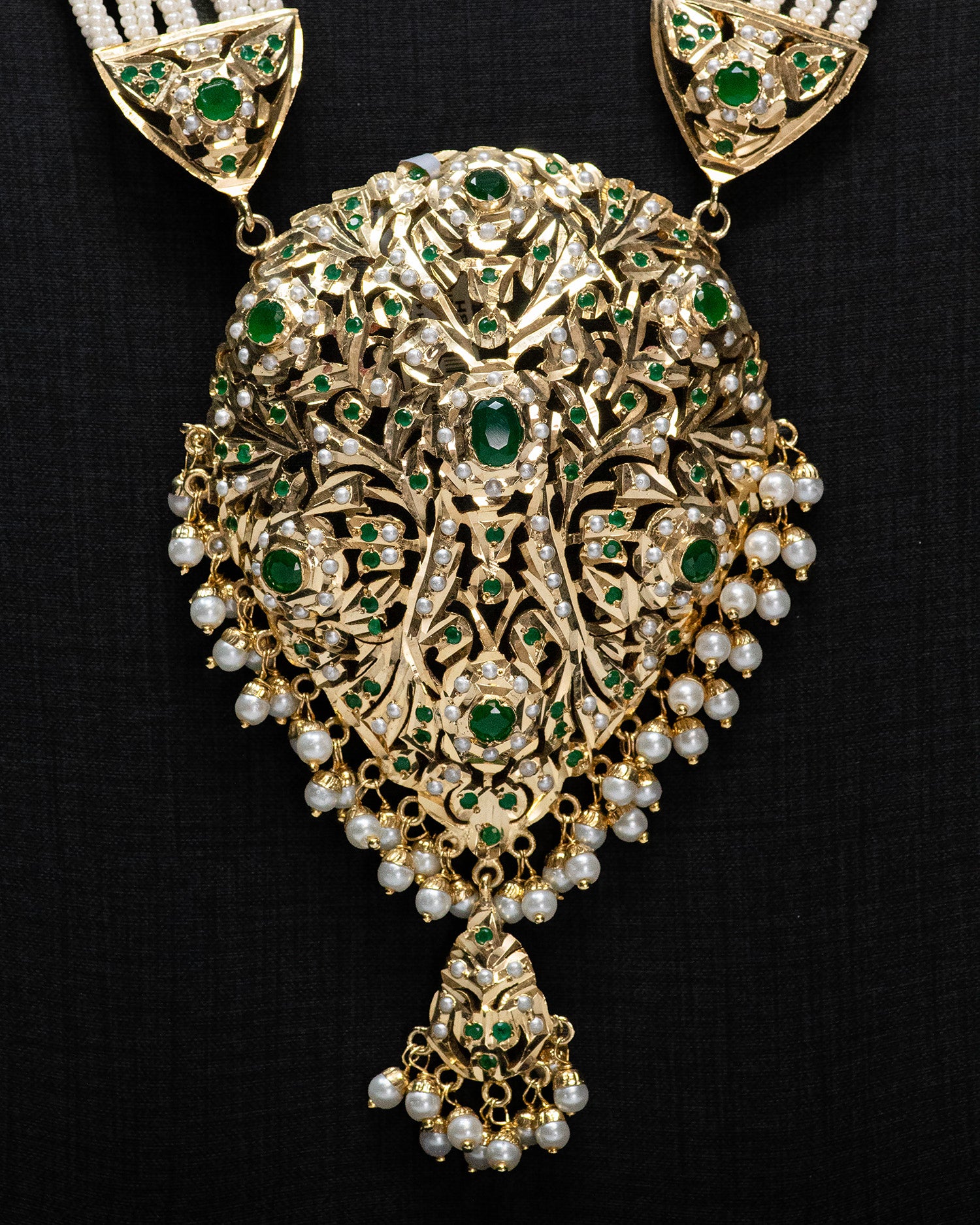 Green Multi Layer White Pearls Punjabi Jadau Necklace Set