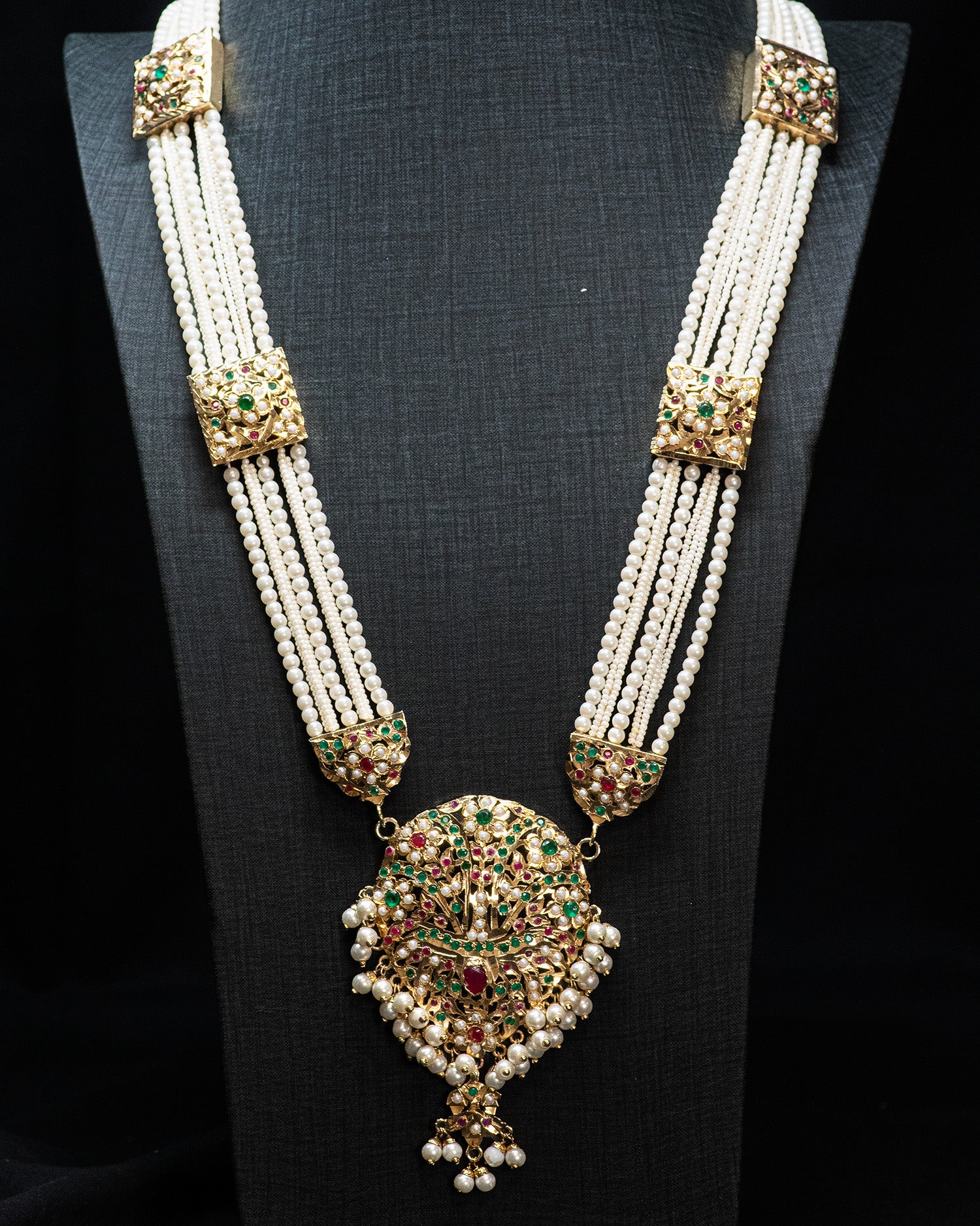 Multilayer Beads Green and Ruby Red Unique Punjabi Jadau Necklace Set