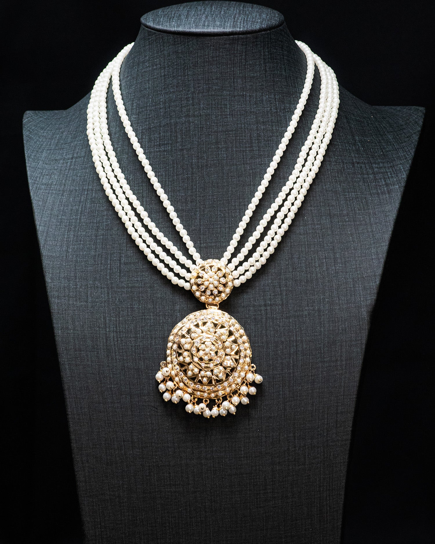 Multilayer Pearl Gold Finish Flora Punjabi Jadau Necklace Set