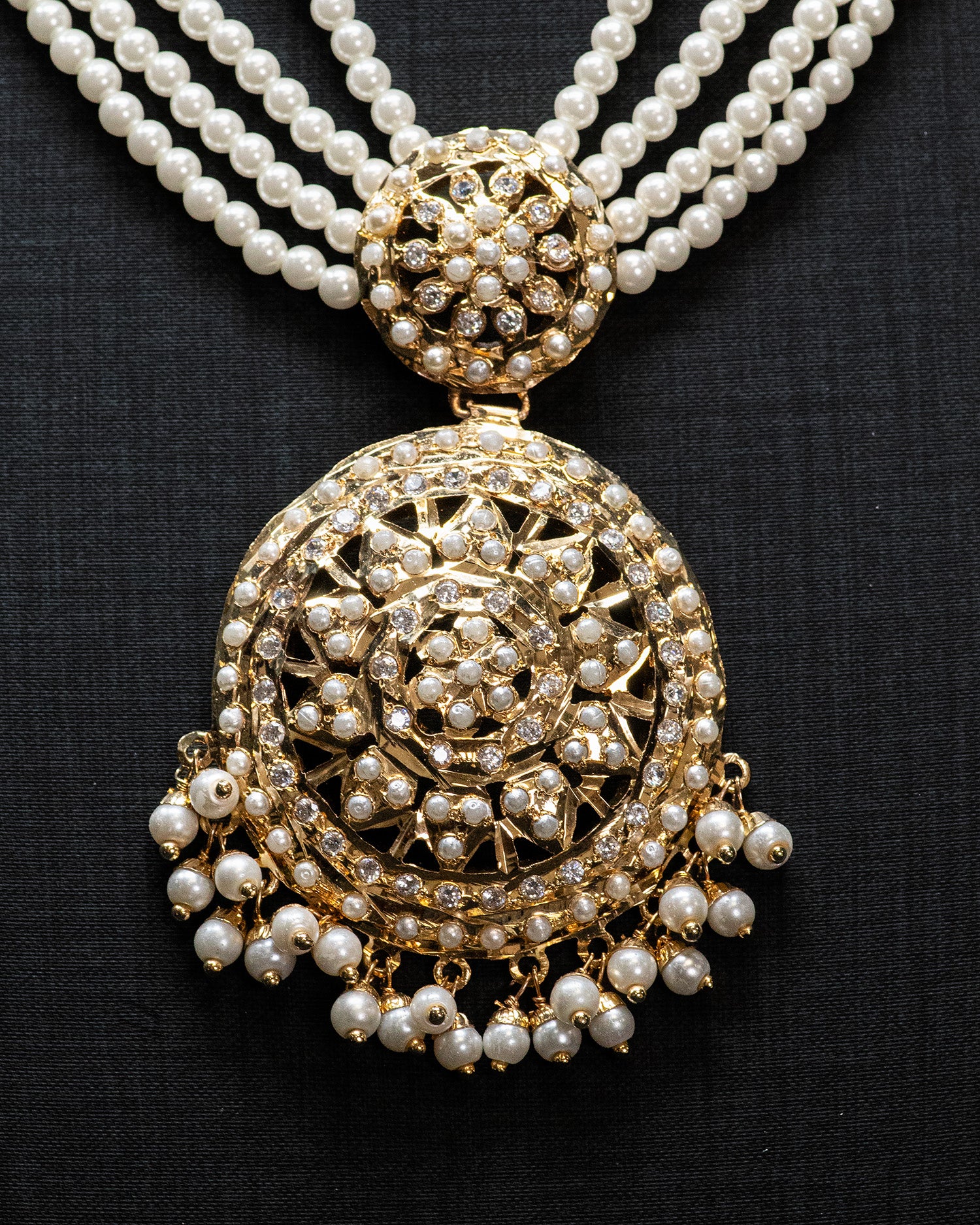 Multilayer Pearl Gold Finish Flora Punjabi Jadau Necklace Set
