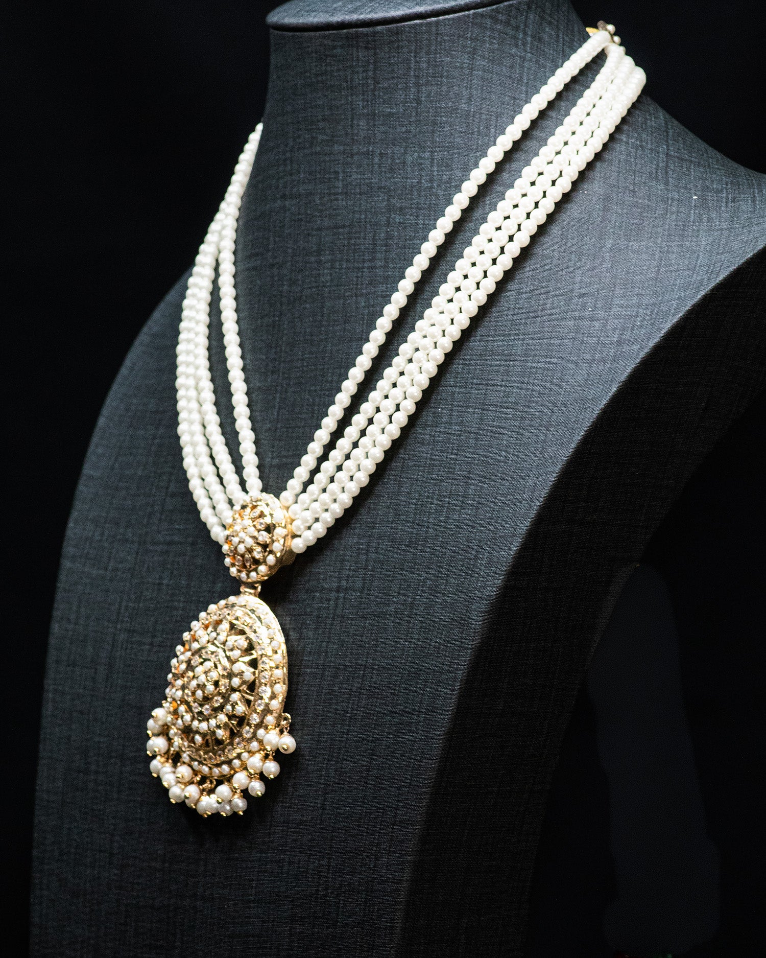 Multilayer Pearl Gold Finish Flora Punjabi Jadau Necklace Set