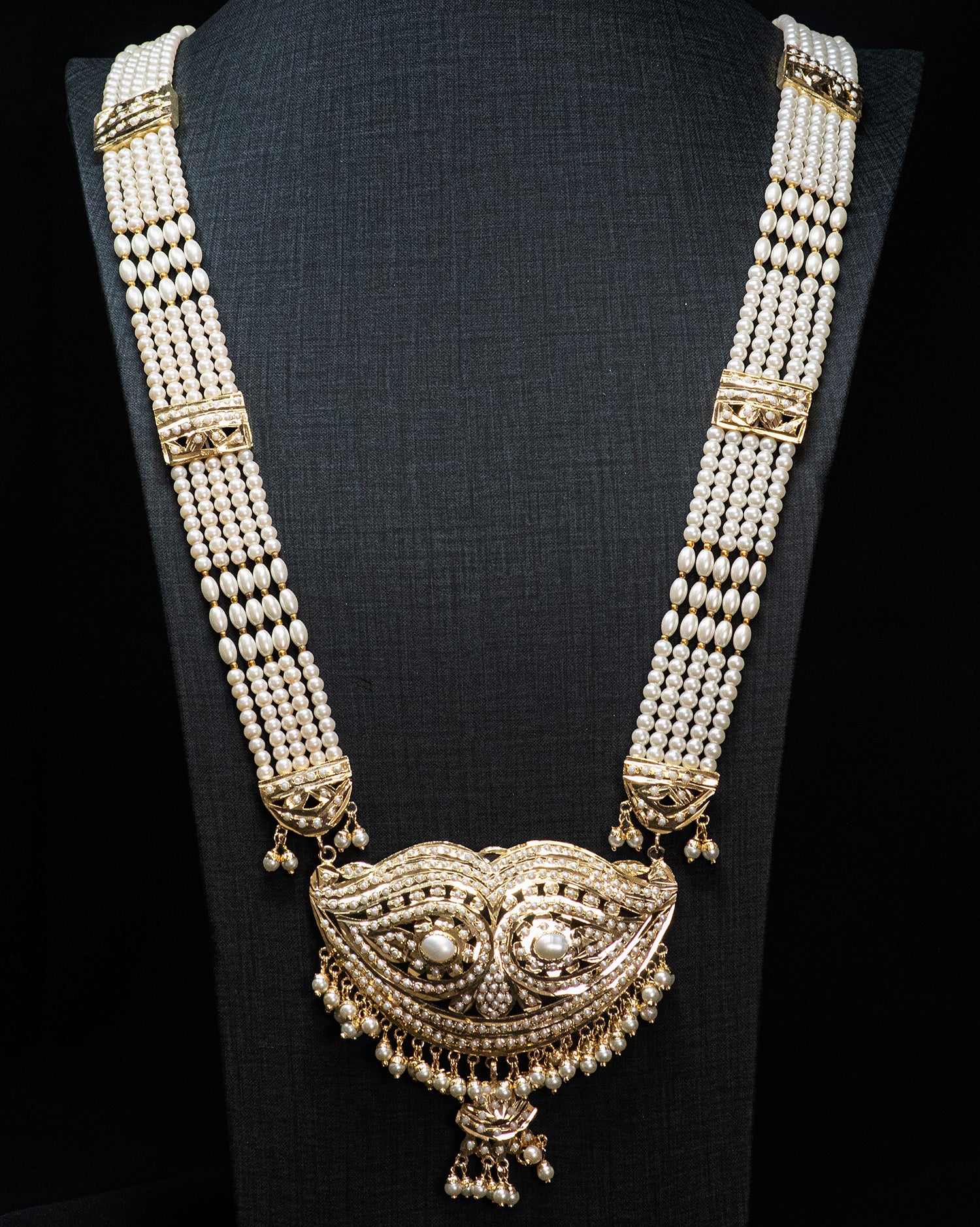 Multilayer Beads White Pearl Leaf Design Punjabi Jadau Necklace Set