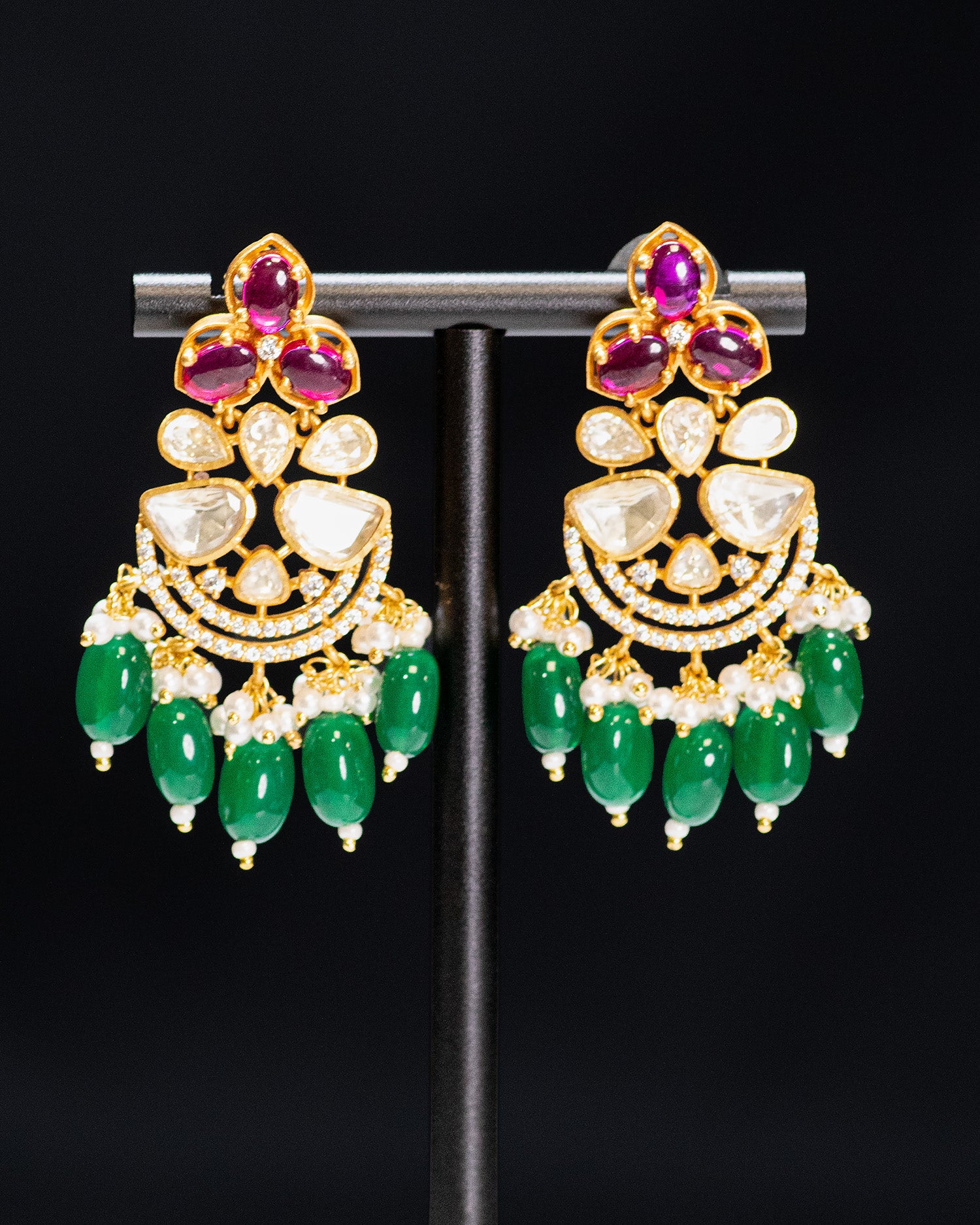 Royal Emerald & Ruby Dual-Tone Kundan Choker Set with Bead Drops