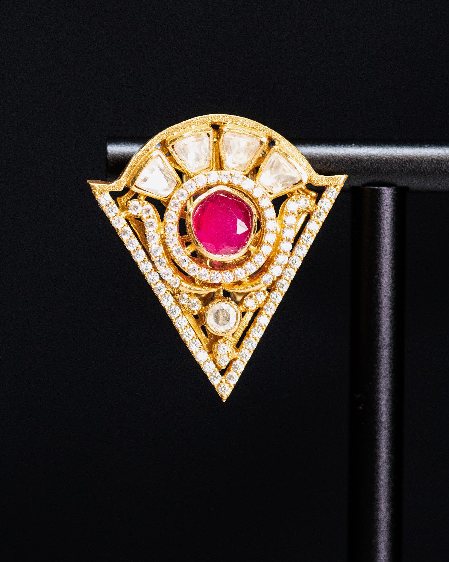 Geometric Triangular Ruby & Uncut Kundan Long Pendant Chain Set