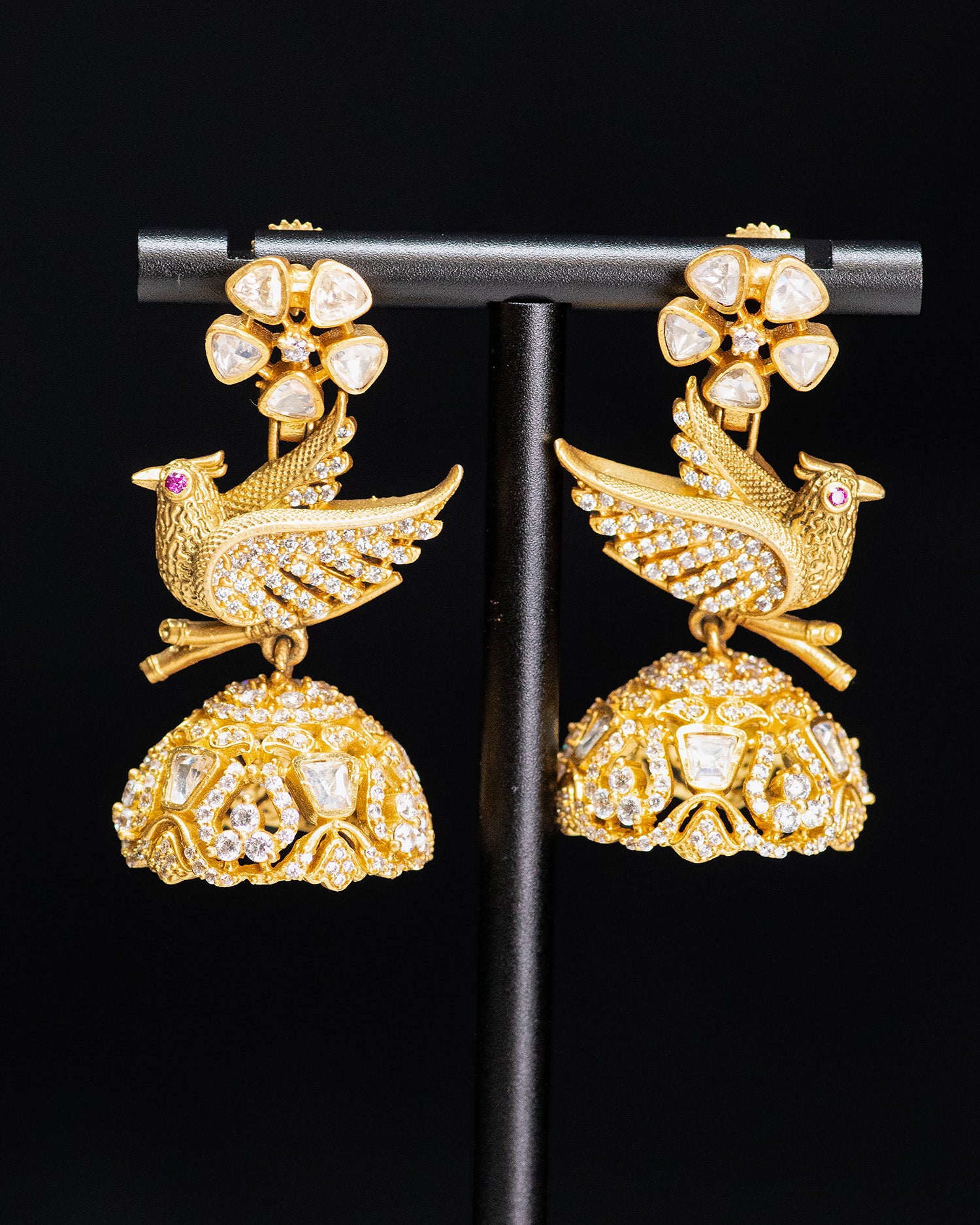Royal Ruby Red & Uncut Kundan Bird Motif Necklace Set with Jhumkis