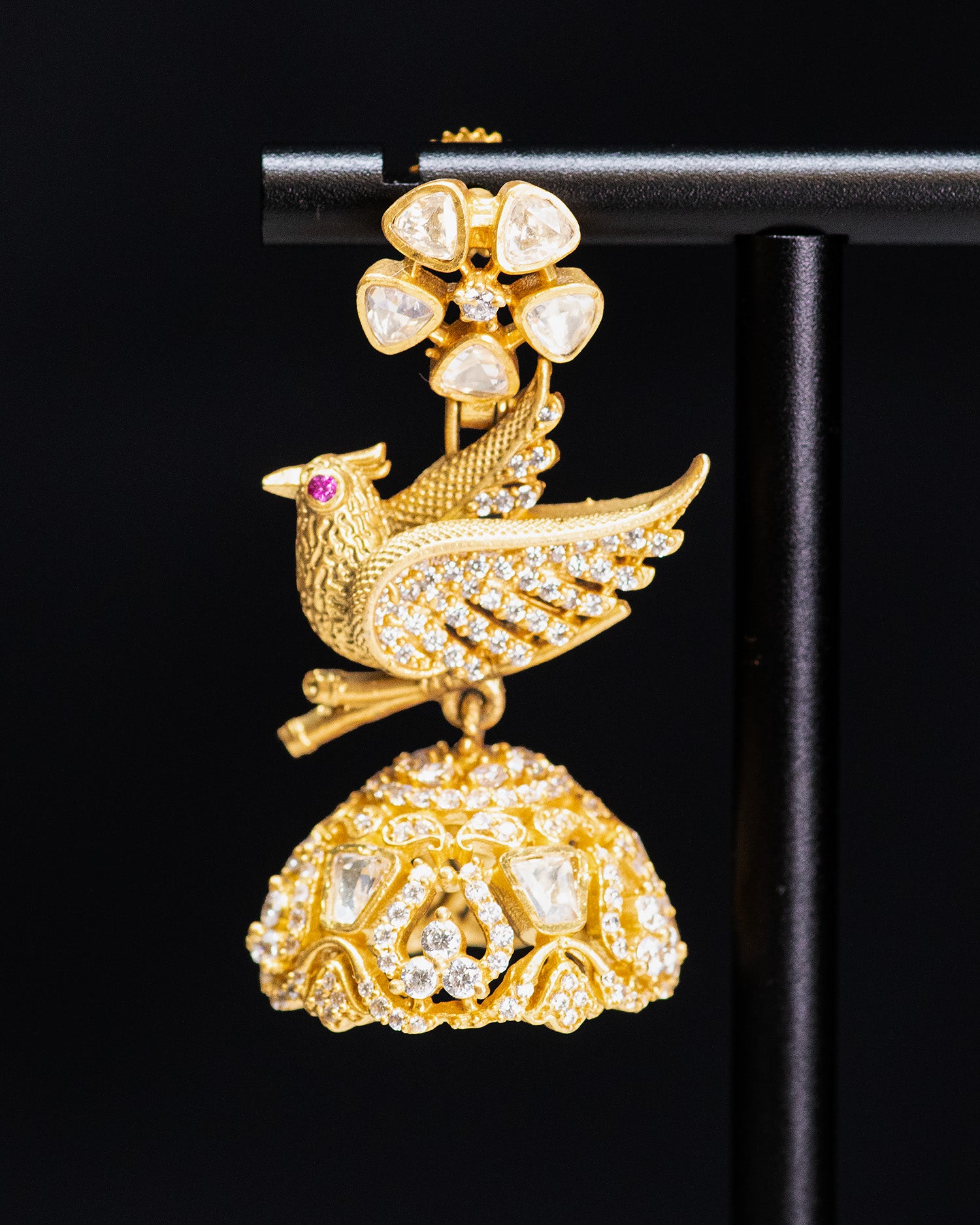 Royal Ruby Red & Uncut Kundan Bird Motif Necklace Set with Jhumkis