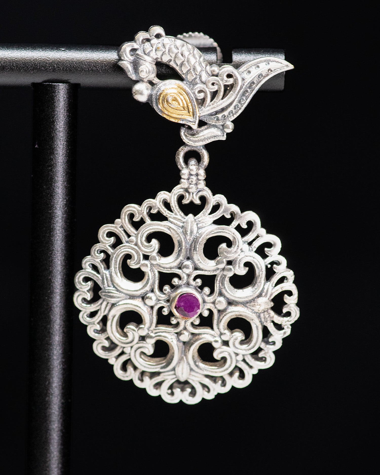 Brown Stone Pink Beads Peacock String Silver Look Alike Necklace Set