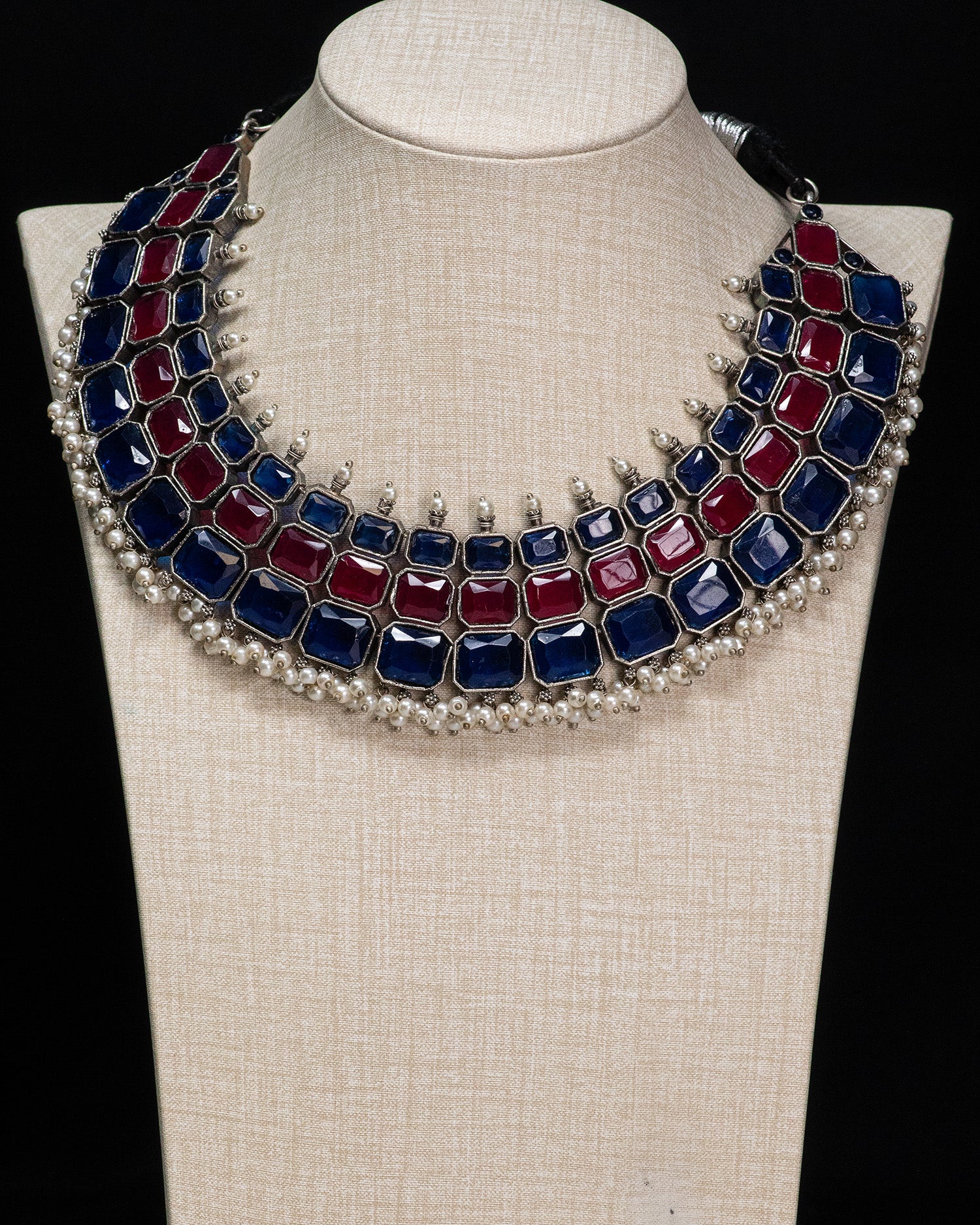 Royal Ruby & Sapphire Stone Silver Look Alike Statement Necklace Set