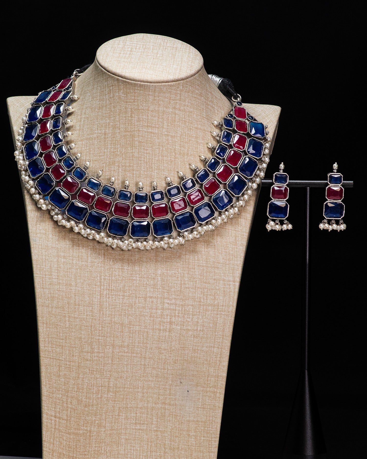 Royal Ruby & Sapphire Stone Silver Look Alike Statement Necklace Set