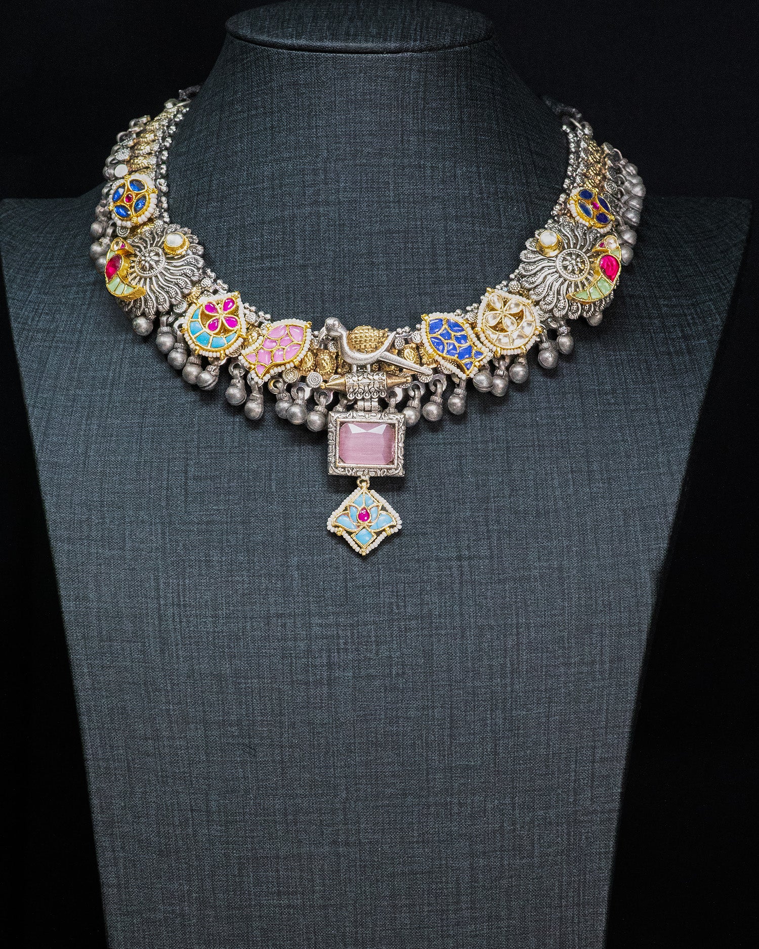 Royal Peacock Heritage Silver Look Alike Statement Necklace Set