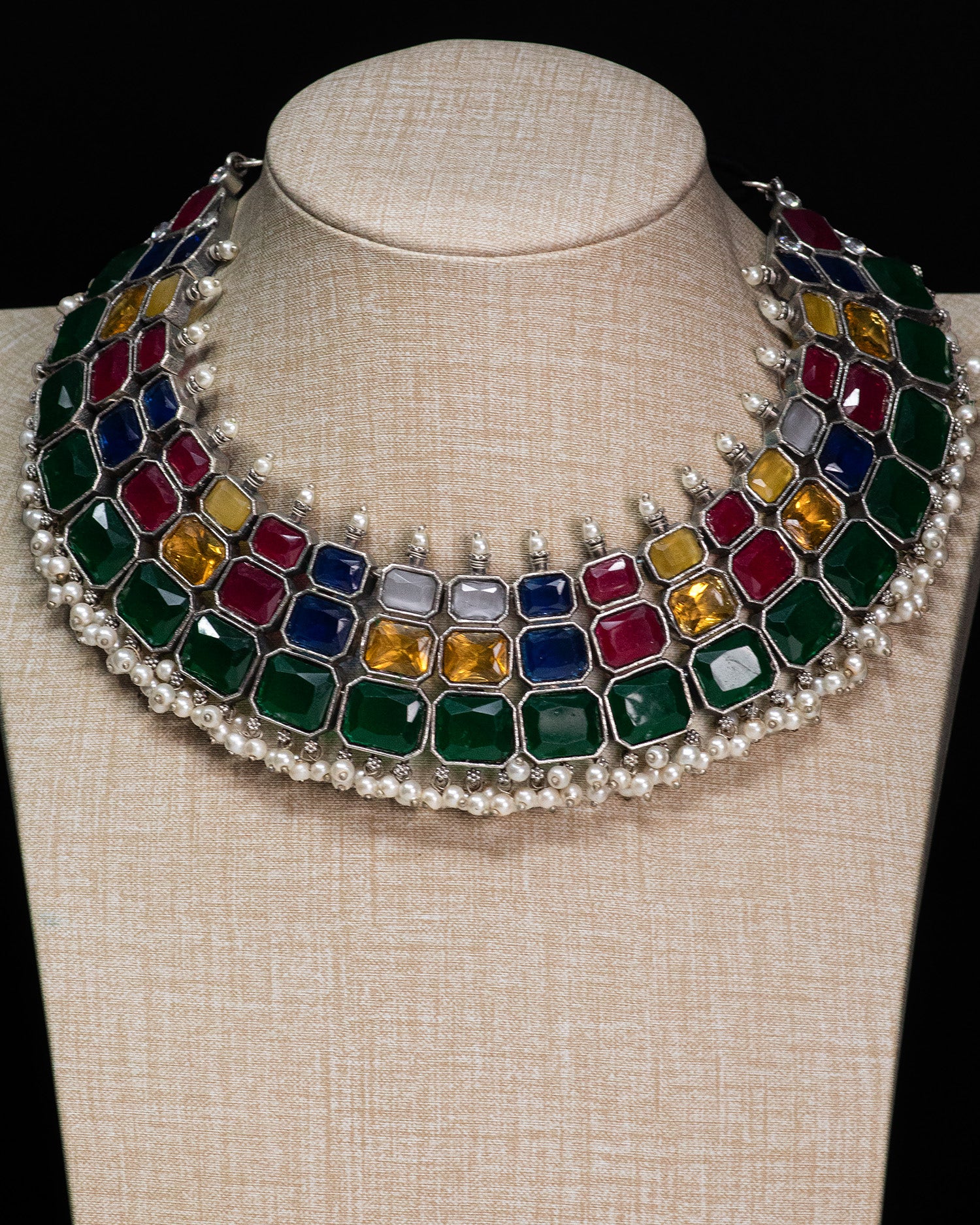 Royal Navratna Stone Silver Look Alike Statement Necklace Set