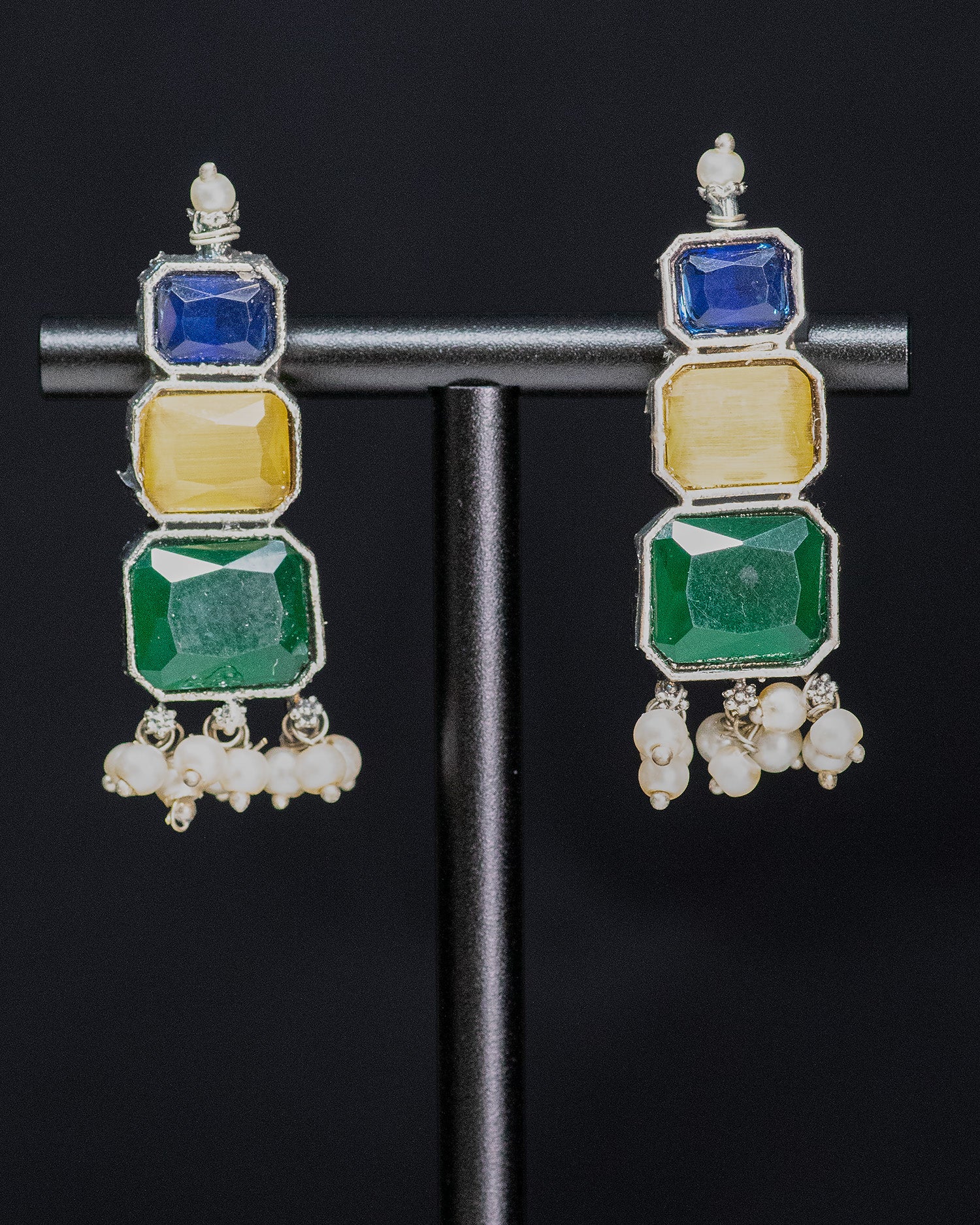 Royal Navratna Stone Silver Look Alike Statement Necklace Set