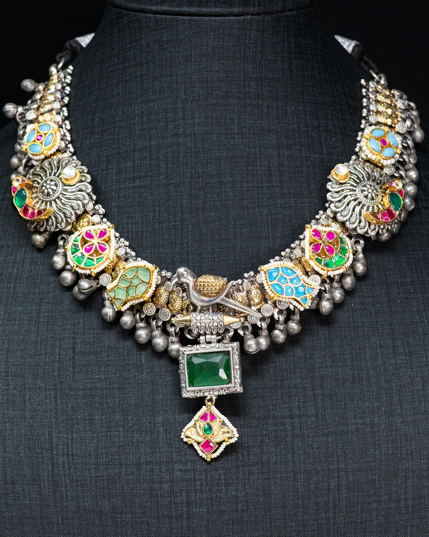 Royal Peacock Multicolor Silver Look Alike Statement Necklace Set