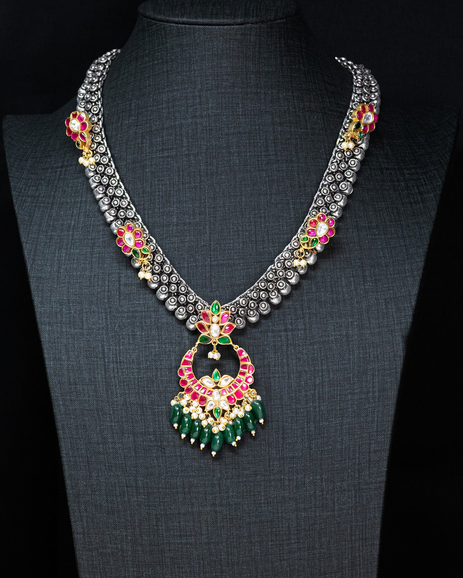 Royal Pink & Green Kundan Silver Look Alike Pendant Necklace Set