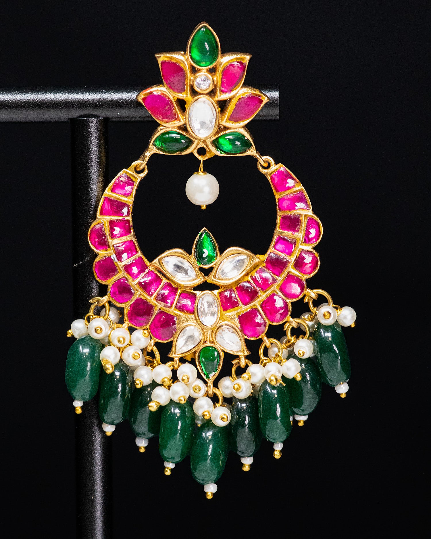 Royal Pink & Green Kundan Silver Look Alike Pendant Necklace Set