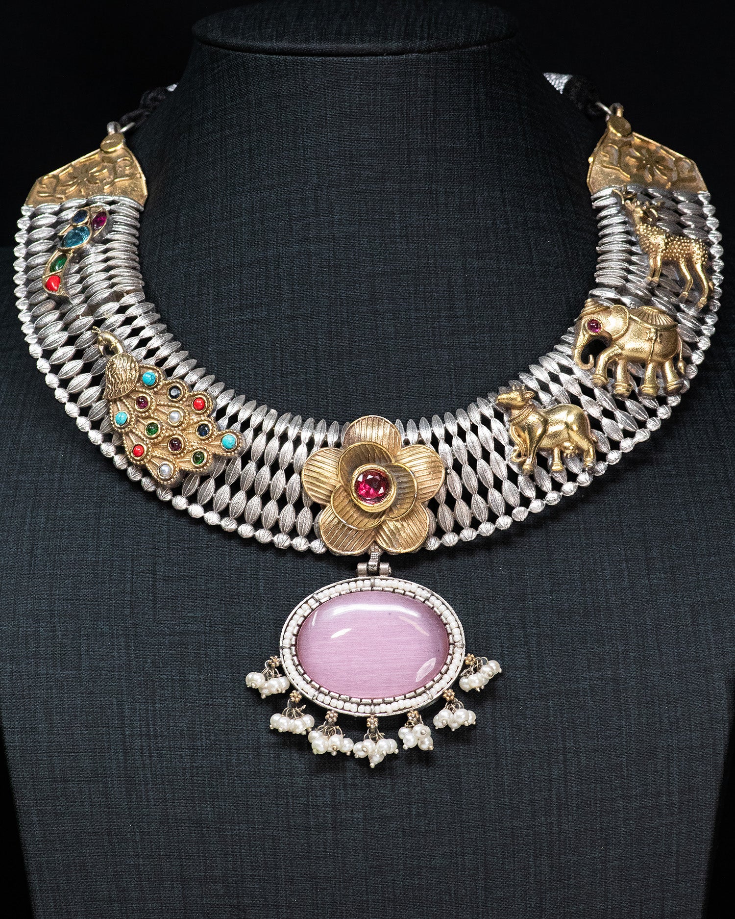 Royal Heritage Floral Silver Look Alike Statement Necklace Set with Pink Stone Pendant