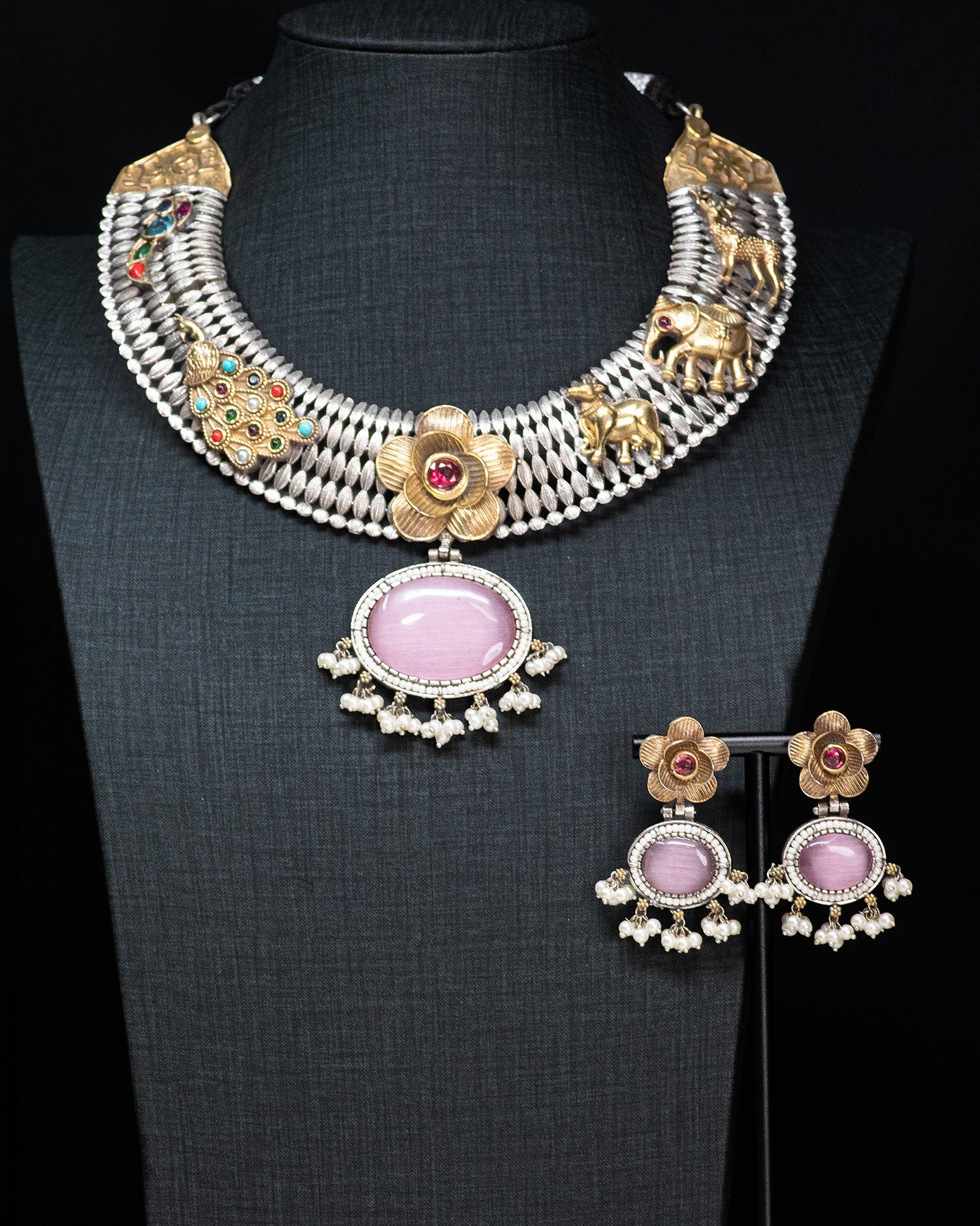 Royal Heritage Floral Silver Look Alike Statement Necklace Set with Pink Stone Pendant