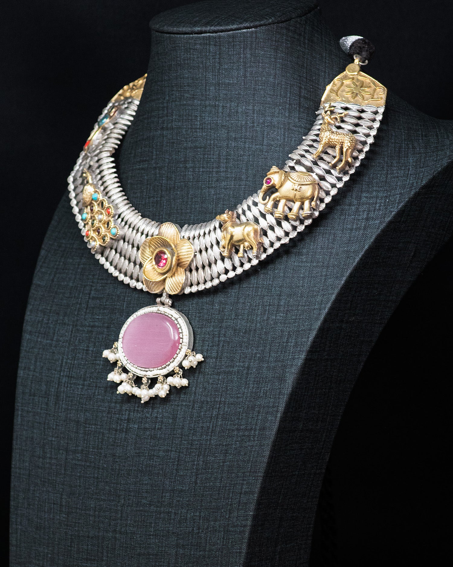 Royal Heritage Floral Silver Look Alike Statement Necklace Set with Pink Stone Pendant
