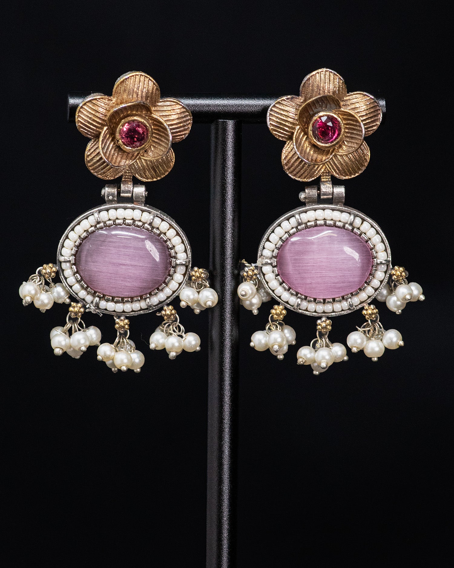 Royal Heritage Floral Silver Look Alike Statement Necklace Set with Pink Stone Pendant