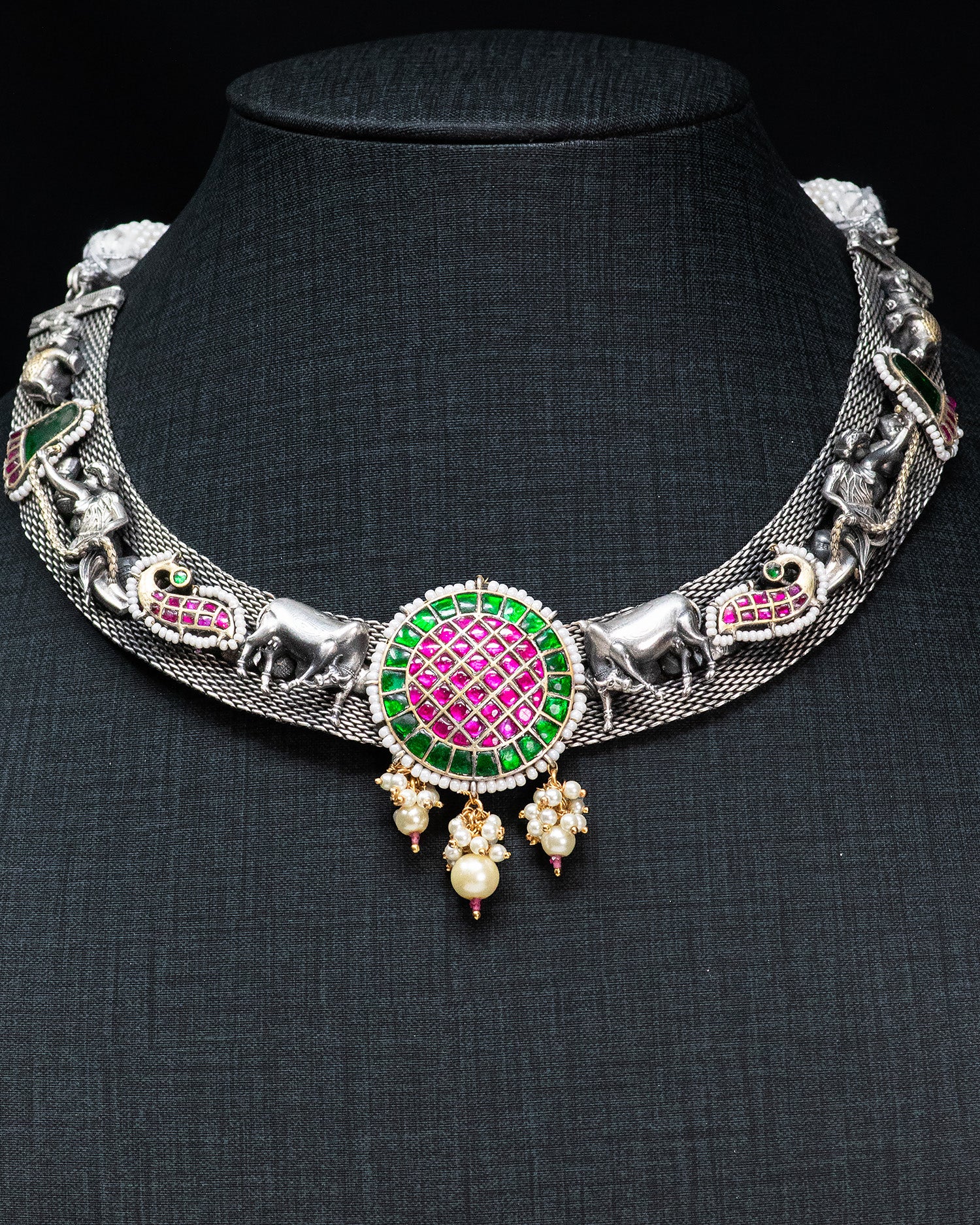Royal Pink & Green Motif Silver Look Alike Statement Necklace Set