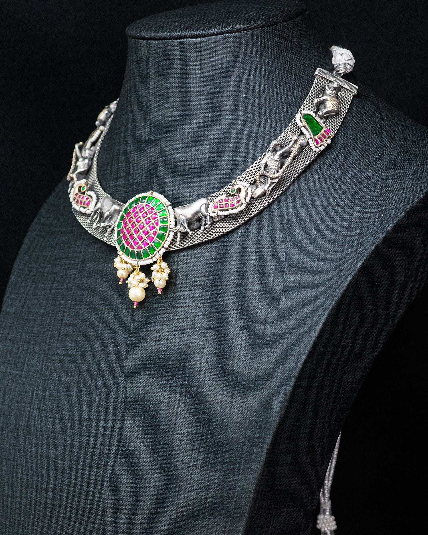 Royal Pink & Green Motif Silver Look Alike Statement Necklace Set