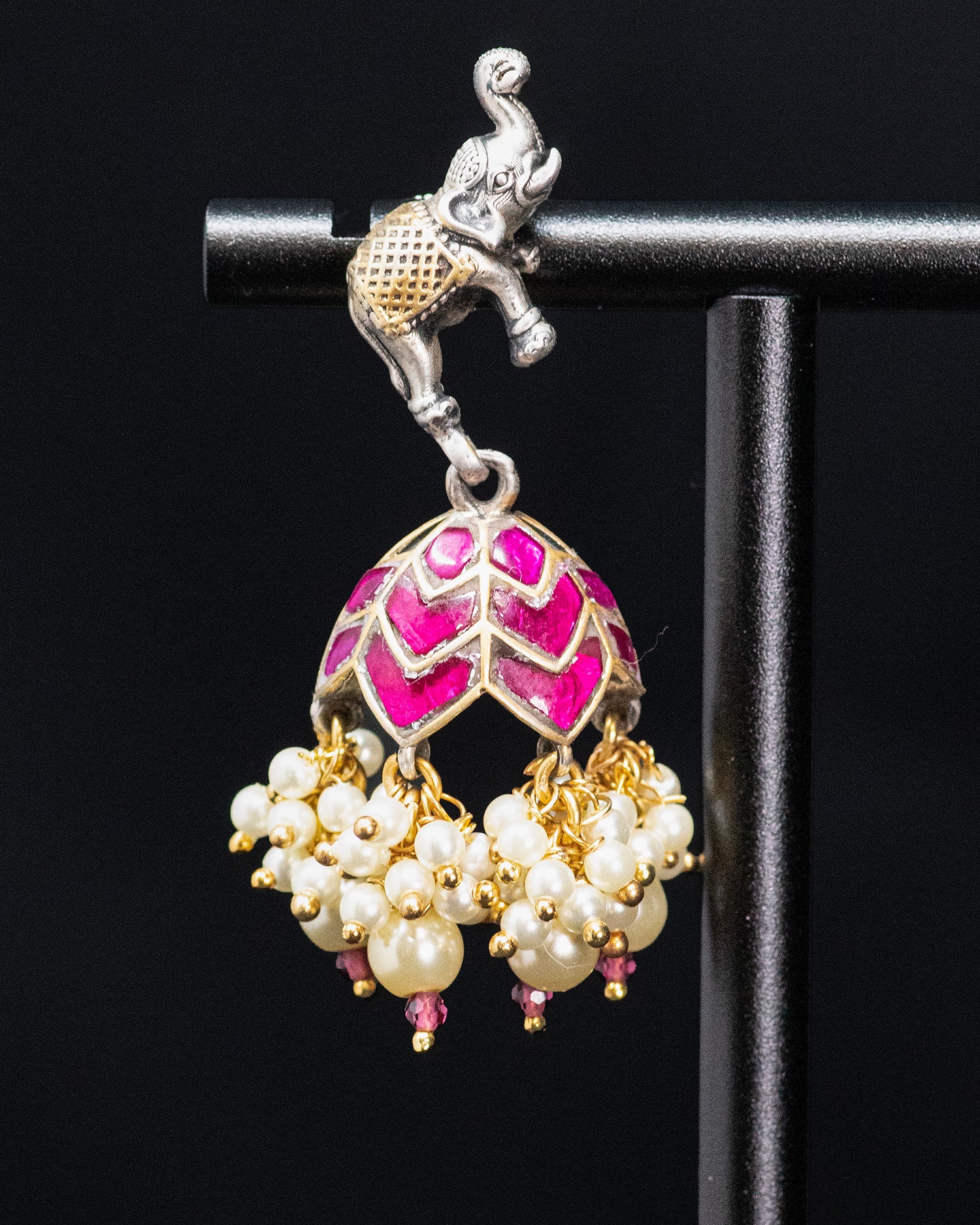 Royal Pink & Green Motif Silver Look Alike Statement Necklace Set