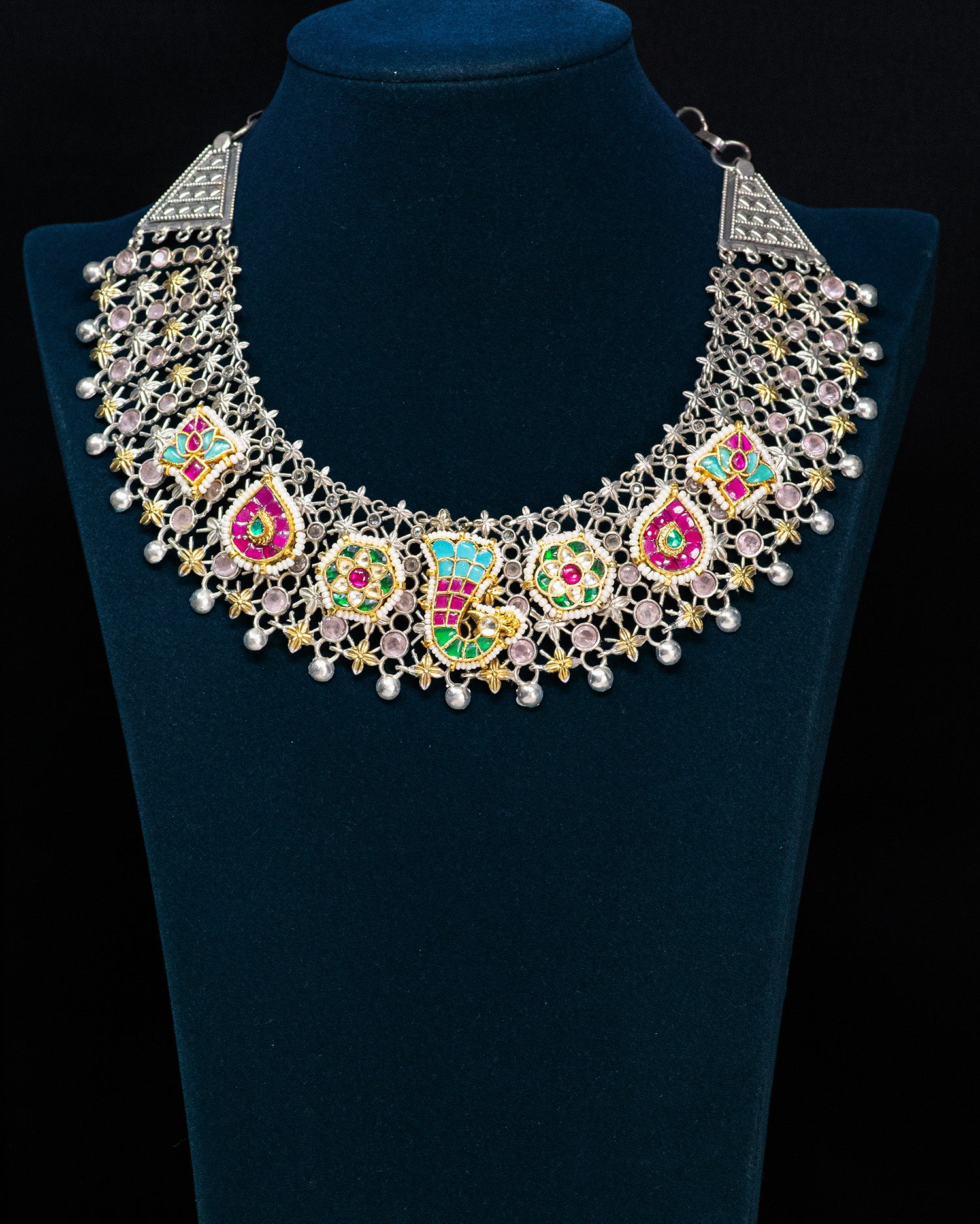 Royal Peacock Motif Silver Look Alike Statement Necklace Set