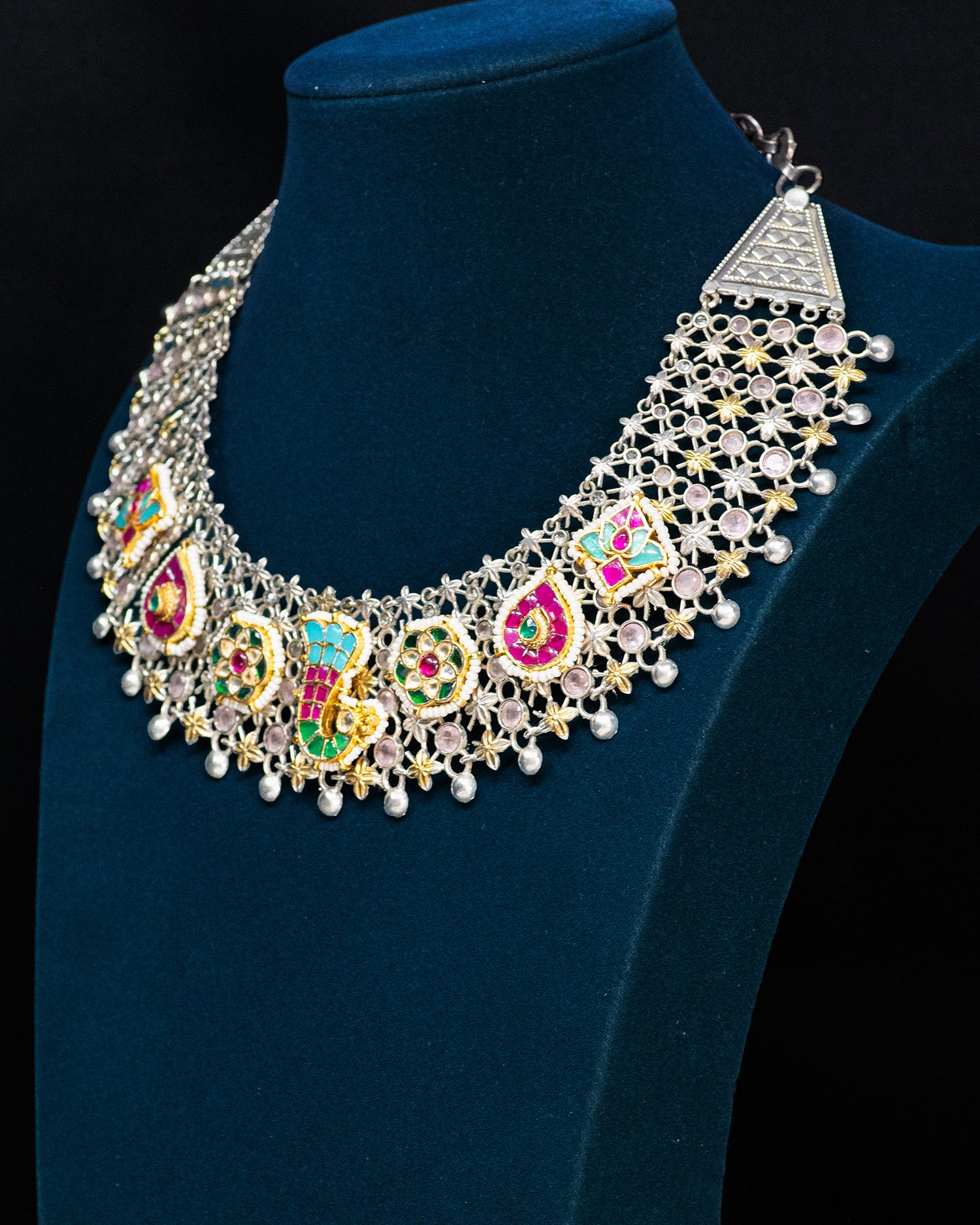 Royal Peacock Motif Silver Look Alike Statement Necklace Set