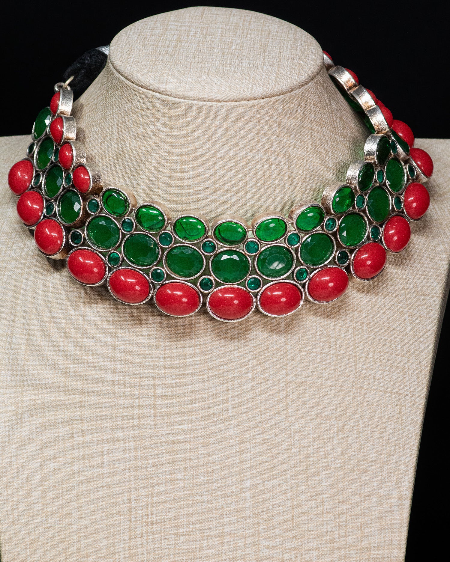 Royal Coral & Emerald Silver Look Alike Statement Choker Set