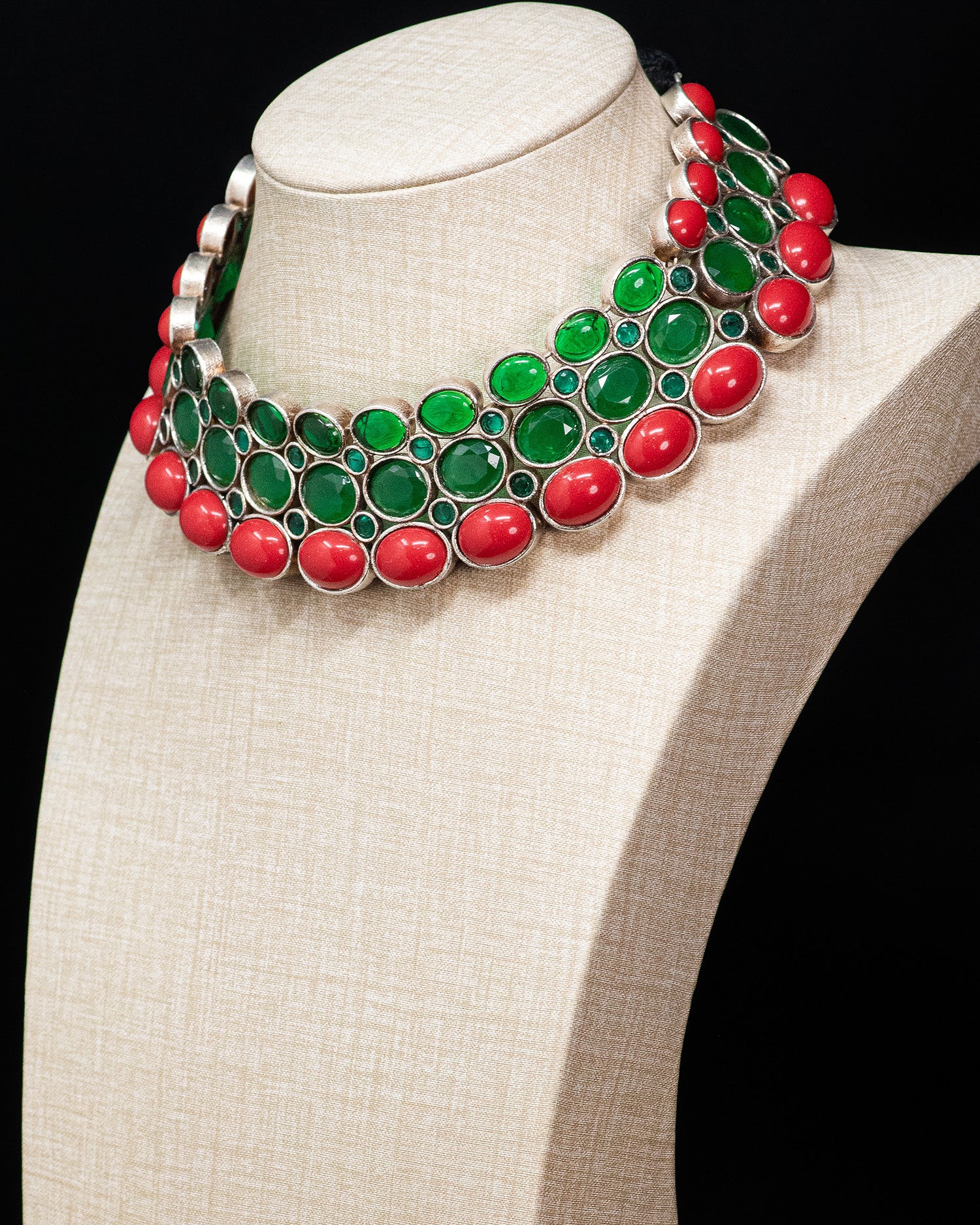 Royal Coral & Emerald Silver Look Alike Statement Choker Set