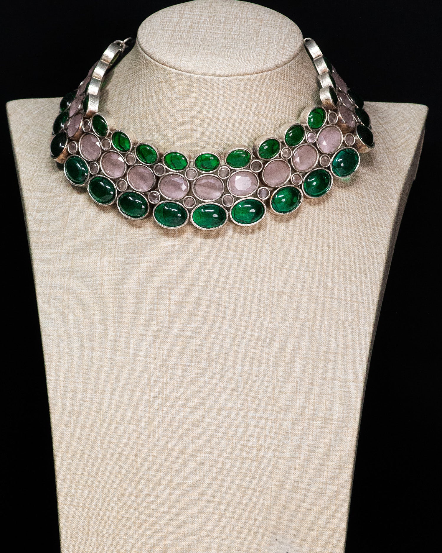 Royal Emerald & Blush Stone Silver Look Alike Statement Choker Set