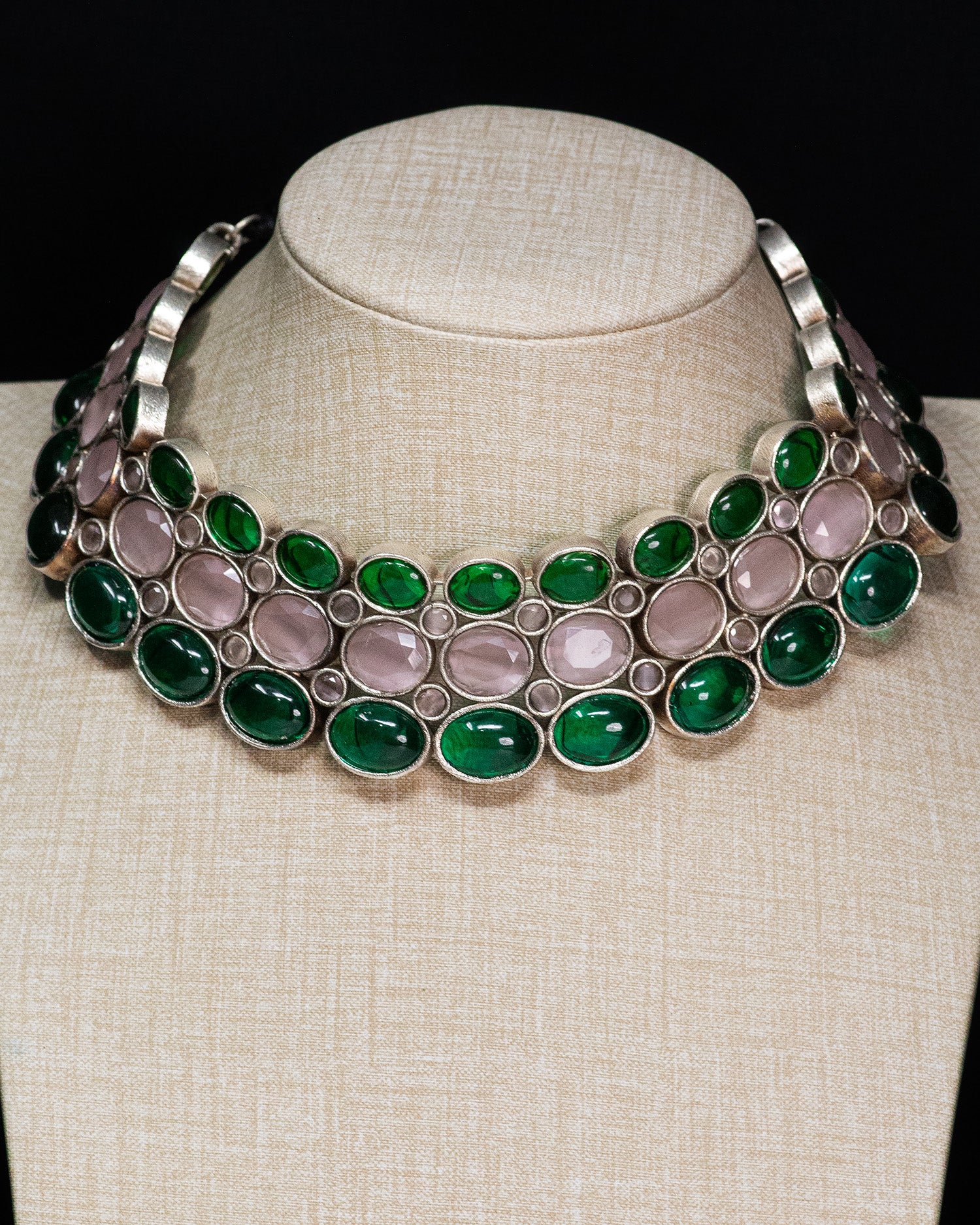 Royal Emerald & Blush Stone Silver Look Alike Statement Choker Set