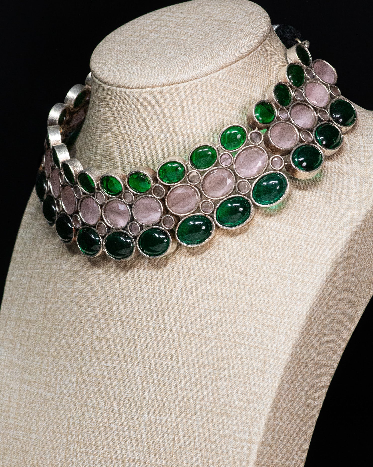 Royal Emerald & Blush Stone Silver Look Alike Statement Choker Set