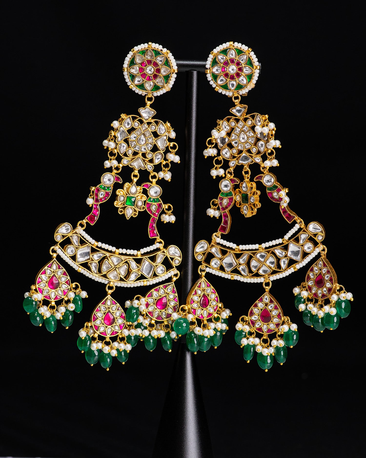 Long Dark Green Beads Kundan Jadau Earrings